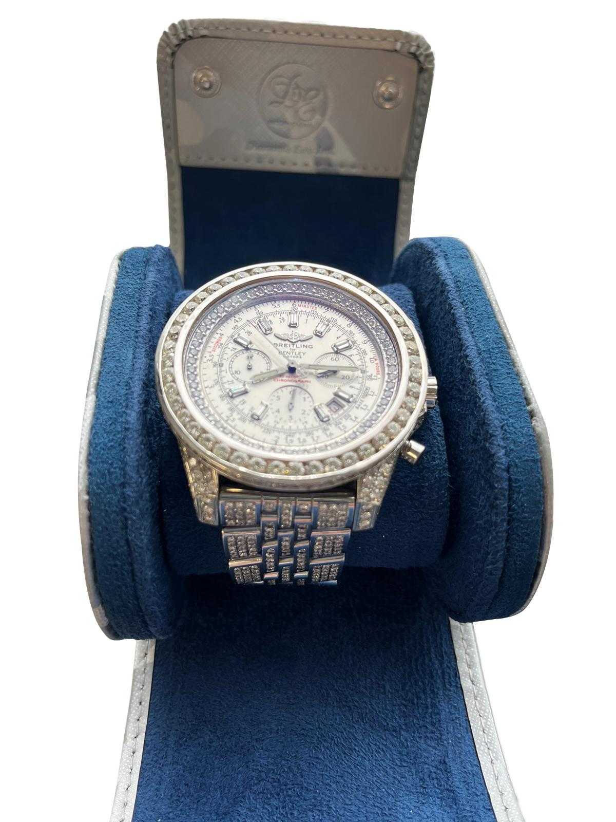 Breitling Bentley Motors Chronograph Steel Custom Natural Diamond Watch A4436412 In Good Condition In Aventura, FL