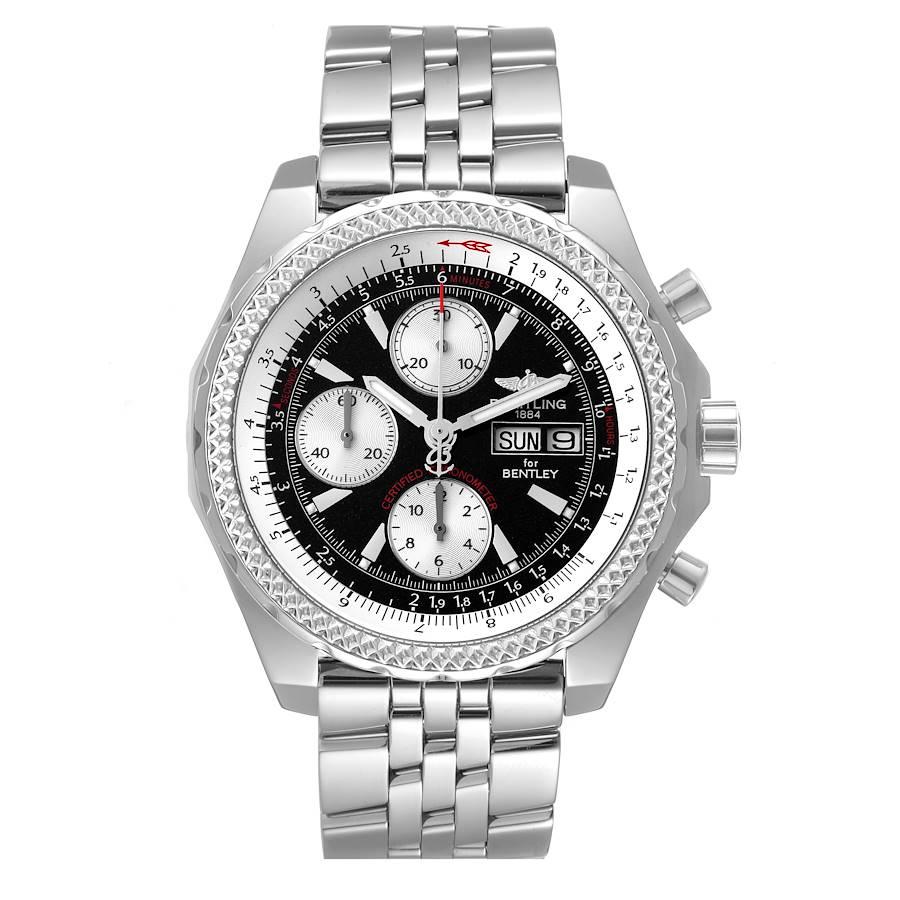 Breitling Bentley Motors GT Black Dial Steel Mens Watch A13362 Box Papers. Self-winding automatic officially certified chronometer movement. Chronograph function. Stainless steel case 44.8 mm in diameter. Stainless steel screwed-down crown. Screw