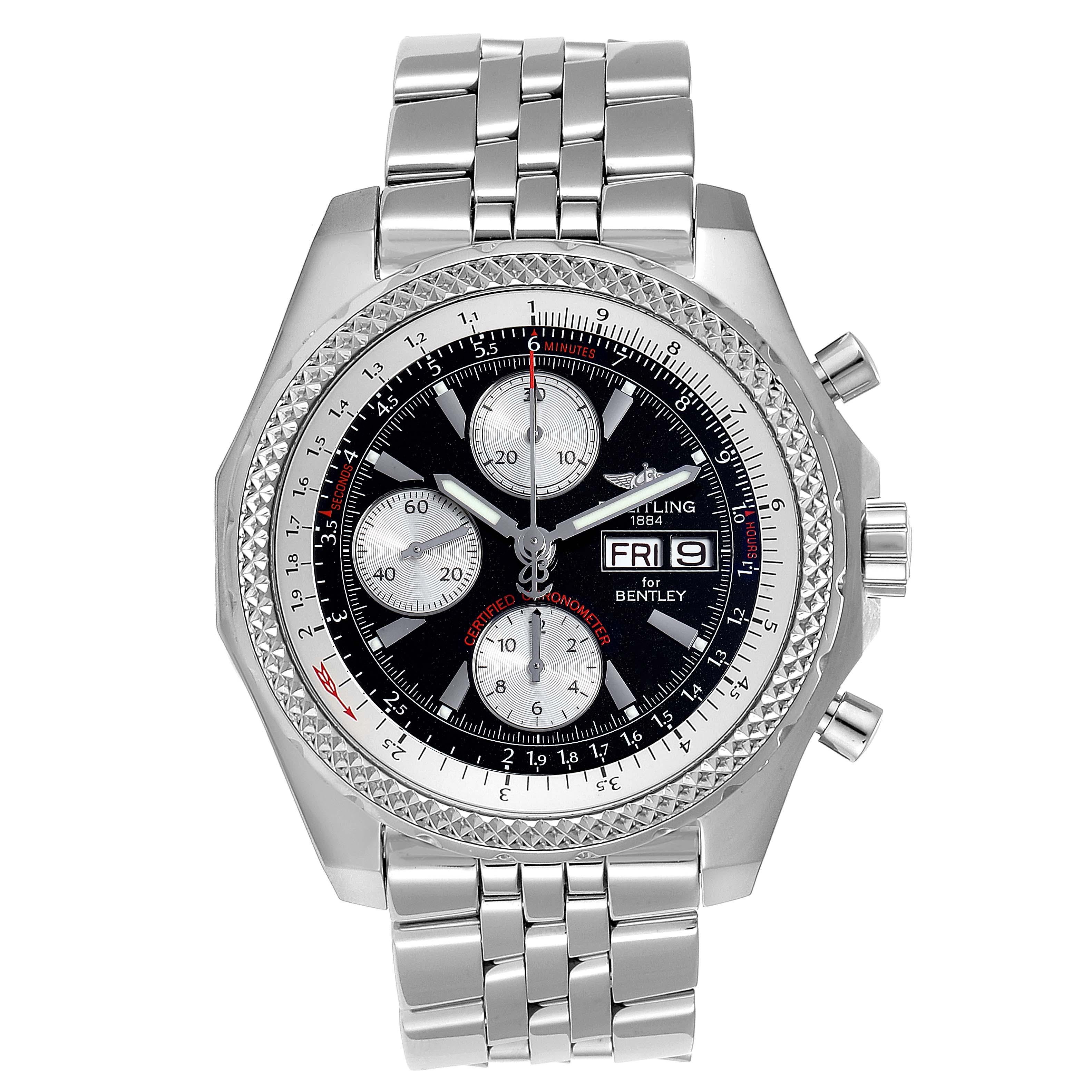 Breitling Bentley Motors GT Black Dial Steel Mens Watch A13362. Self-winding automatic officially certified chronometer movement. Chronograph function. Stainless steel case 44.8 mm in diameter. Stainless steel screwed-down crown and pushers. Screw