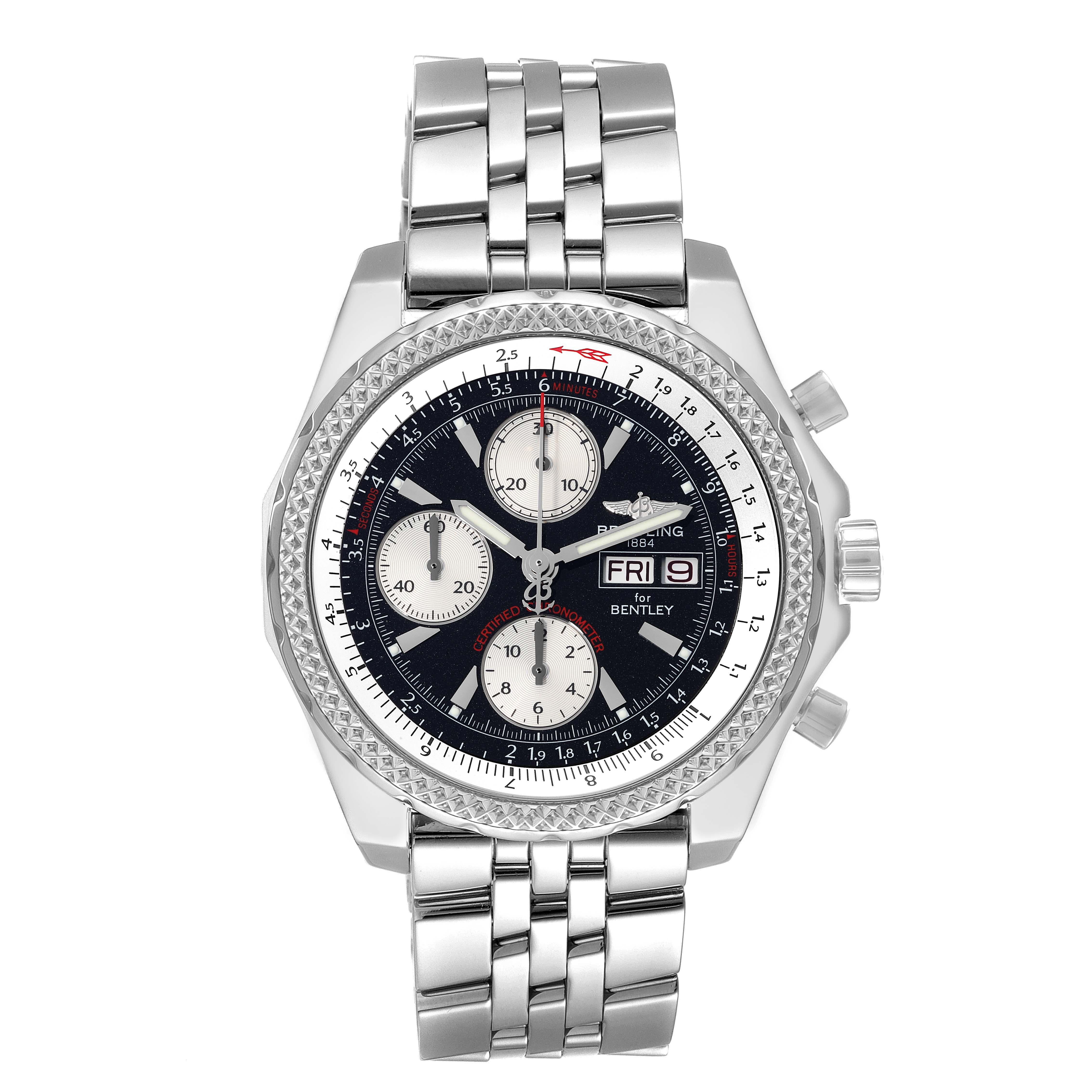 Breitling Bentley Motors GT Black Dial Steel Mens Watch A13362. Self-winding automatic officially certified chronometer movement. Chronograph function. Stainless steel case 44.8 mm in diameter. Stainless steel screwed-down crown. Screw down