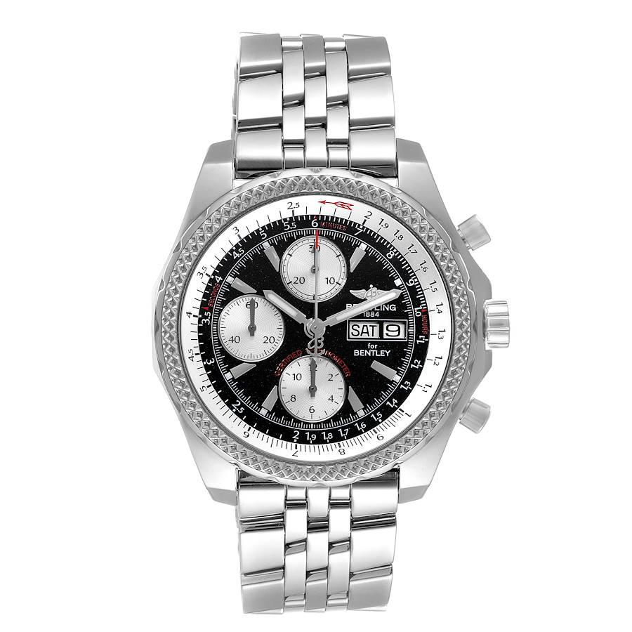 Breitling Bentley Motors GT Black Dial Steel Mens Watch A13362 Papers. Self-winding automatic officially certified chronometer movement. Chronograph function. Stainless steel case 44.8 mm in diameter. Stainless steel screwed-down crown. Screw down