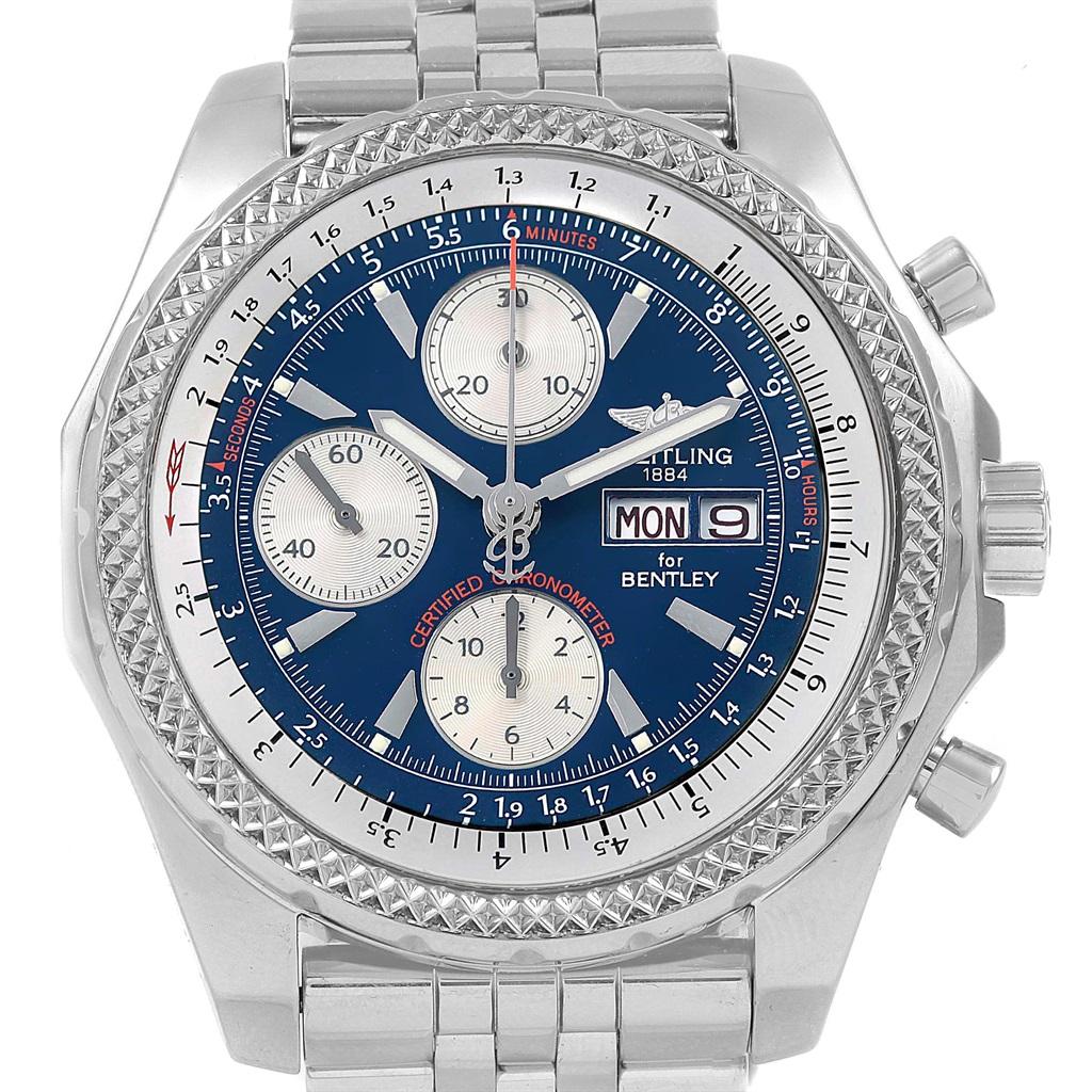 Breitling Bentley Motors GT Blue Dial Sreel Mens Watch A13362. Self-winding automatic officially certified chronometer movement. Chronograph function. Stainless steel case 44.8 mm in diameter. Stainless steel screwed-down crown and pushers. Screw