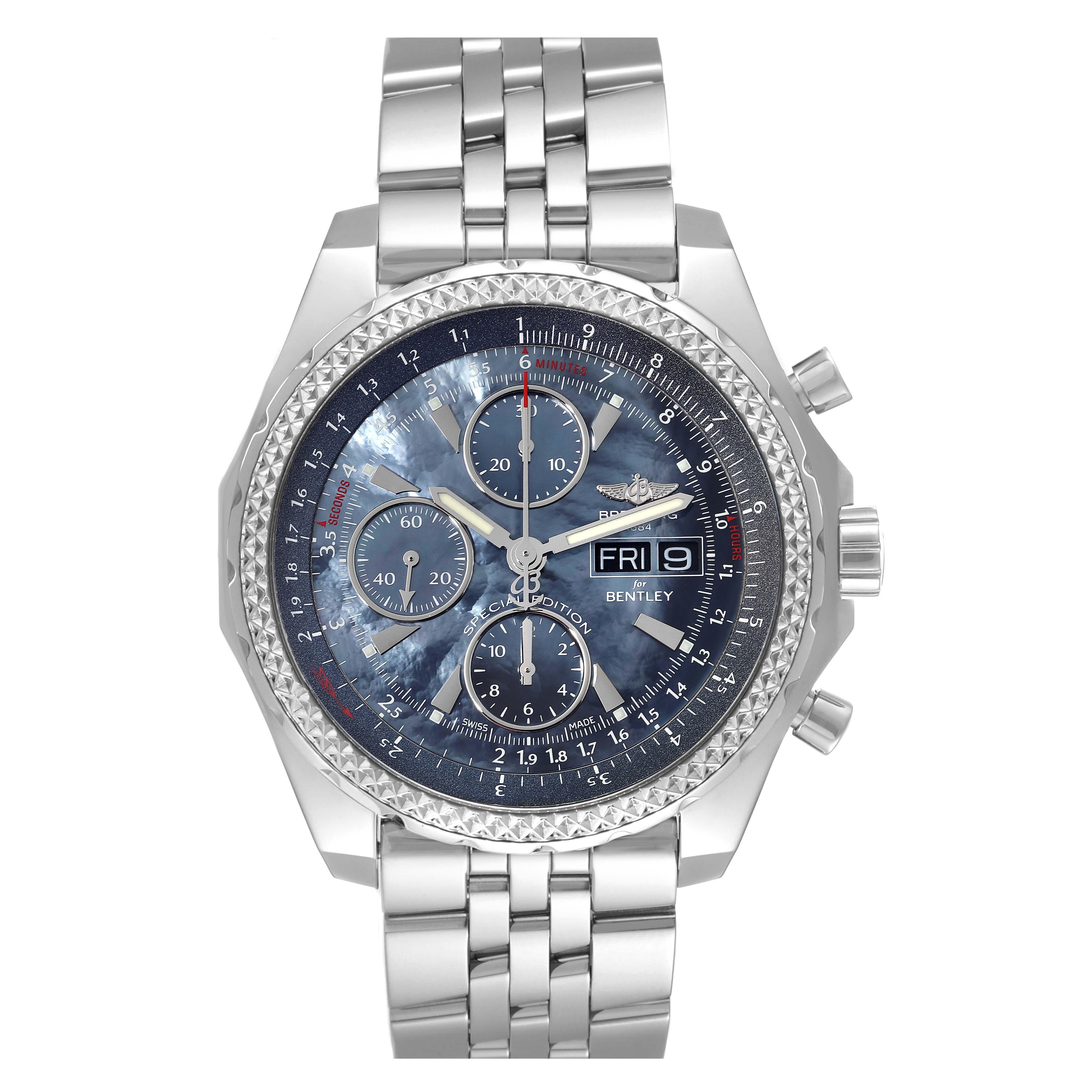 Breitling Bentley Motors GT Blue MOP Dial Steel Mens Watch A13362 Box Card. Self-winding automatic officially certified chronometer movement. Chronograph function. Stainless steel case 44.8 mm in diameter. Stainless steel crown and pushers. Screw