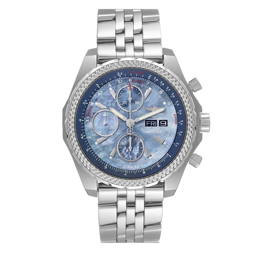 Breitling Bentley Motors GT Blue Mother of Pearl Dial Watch A13362 Box Card. Self-winding automatic officially certified chronometer movement. Chronograph function. Stainless steel case 44.8 mm in diameter. Stainless steel crown and pushers. Screw