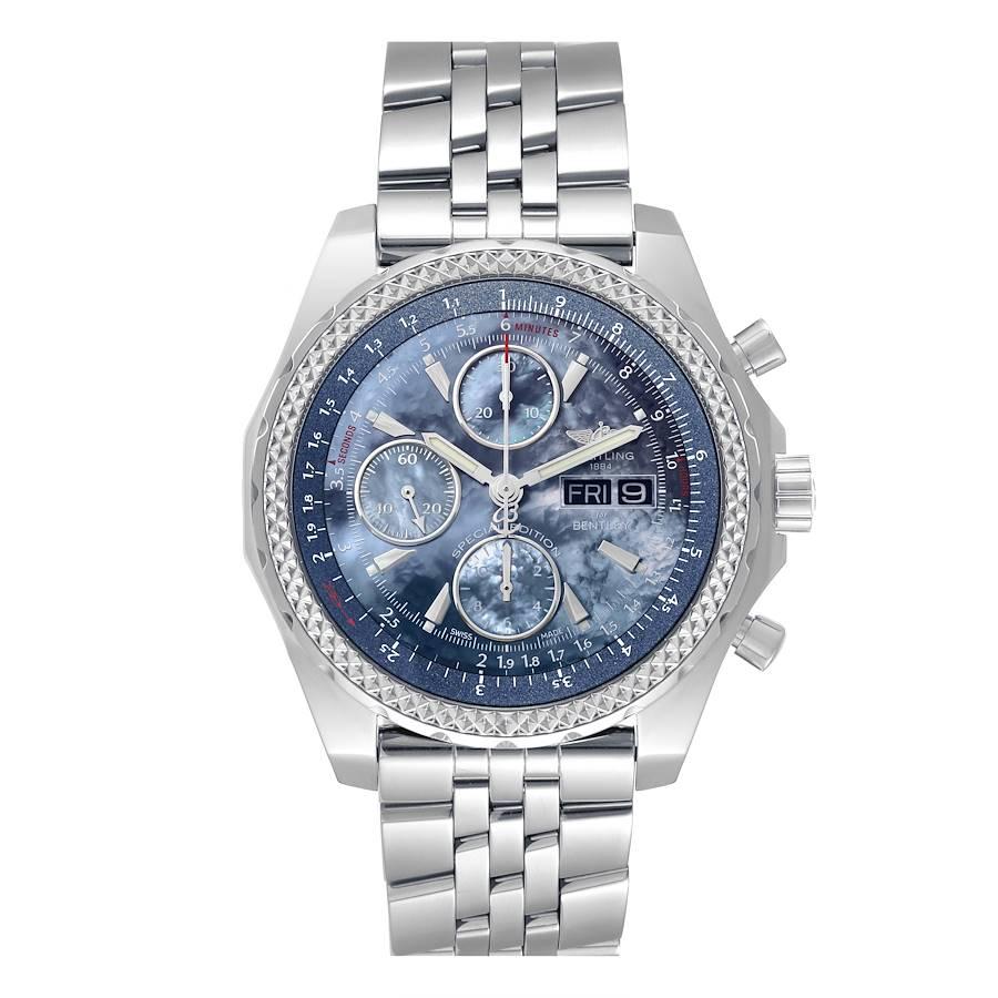 Breitling Bentley Motors GT Blue Mother of Pearl Dial Watch A13362 Box Card. Self-winding automatic officially certified chronometer movement. Chronograph function. Stainless steel case 44.8 mm in diameter. Stainless steel crown and pushers. Screw
