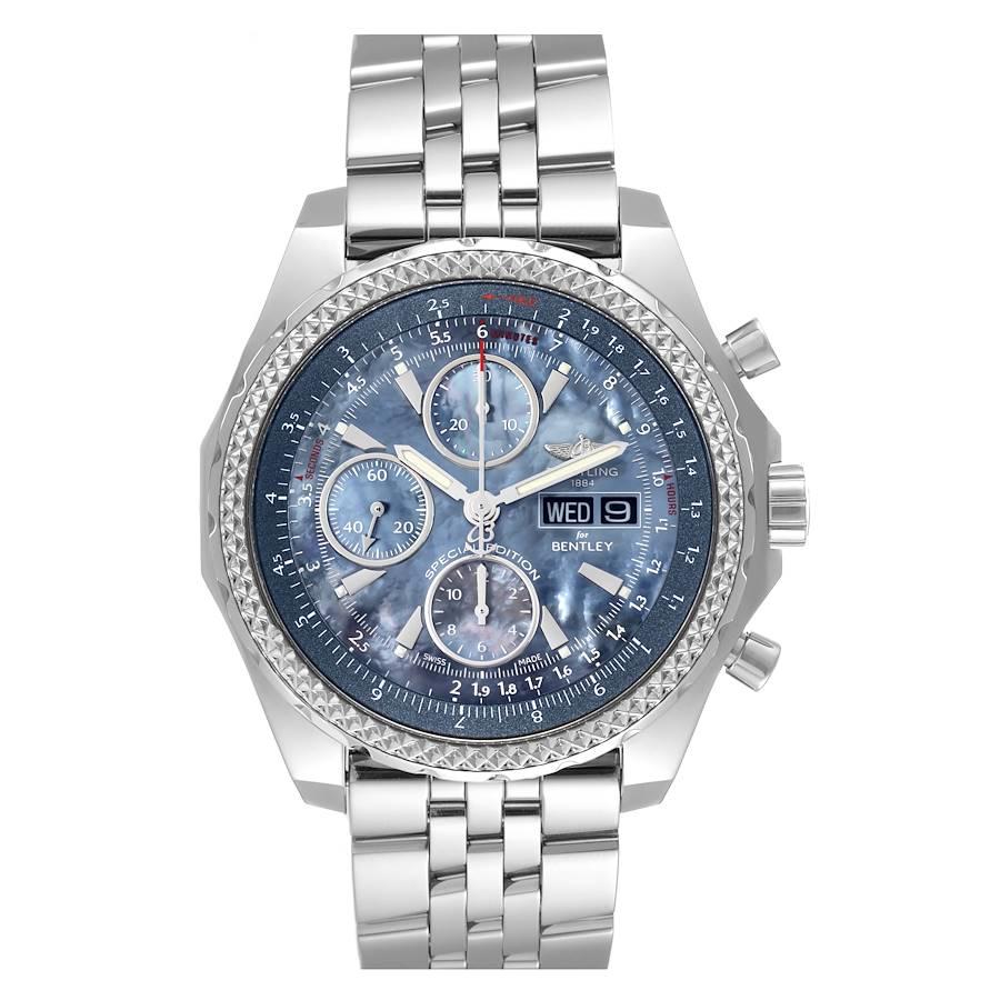 Breitling Bentley Motors GT Blue Mother of Pearl Dial Watch A13362 Card. Self-winding automatic officially certified chronometer movement. Chronograph function. Stainless steel case 44.8 mm in diameter. Stainless steel crown and pushers. Screw down