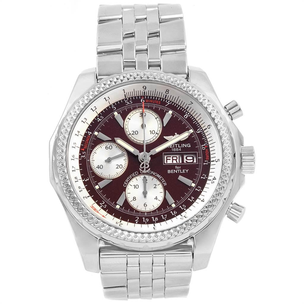 Breitling Bentley Motors GT Burgundy Dial Chronograph Watch A13362. Self-winding automatic officially certified chronometer movement. Chronograph function. Stainless steel case 44.8 mm in diameter. Stainless steel screwed-down crown and pushers.