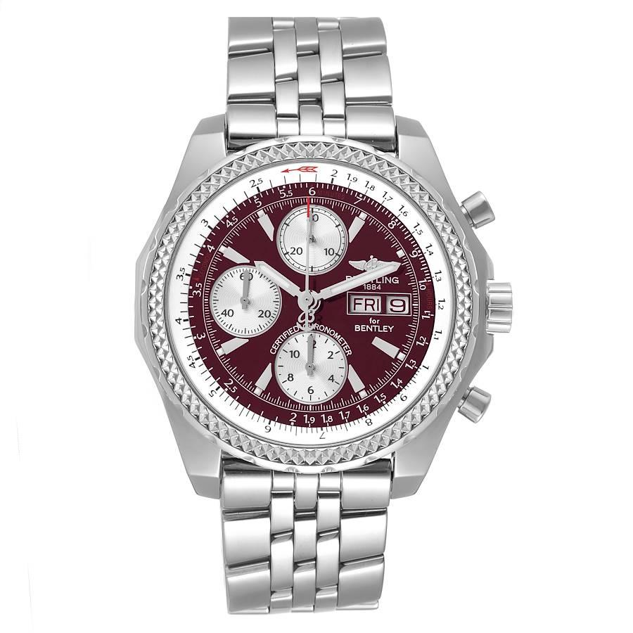 Breitling Bentley Motors GT Burgundy Dial Steel Mens Watch A13362 Box Papers. Self-winding automatic officially certified chronometer movement. Chronograph function. Stainless steel case 44.8 mm in diameter. Stainless steel screwed-down crown and