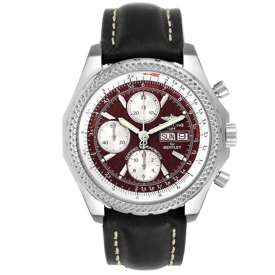 Breitling Bentley Motors GT Burgundy Dial Steel Mens Watch A13362. Self-winding automatic officially certified chronometer movement. Chronograph function. Stainless steel case 44.8 mm in diameter. Stainless steel screwed-down crown and pushers.