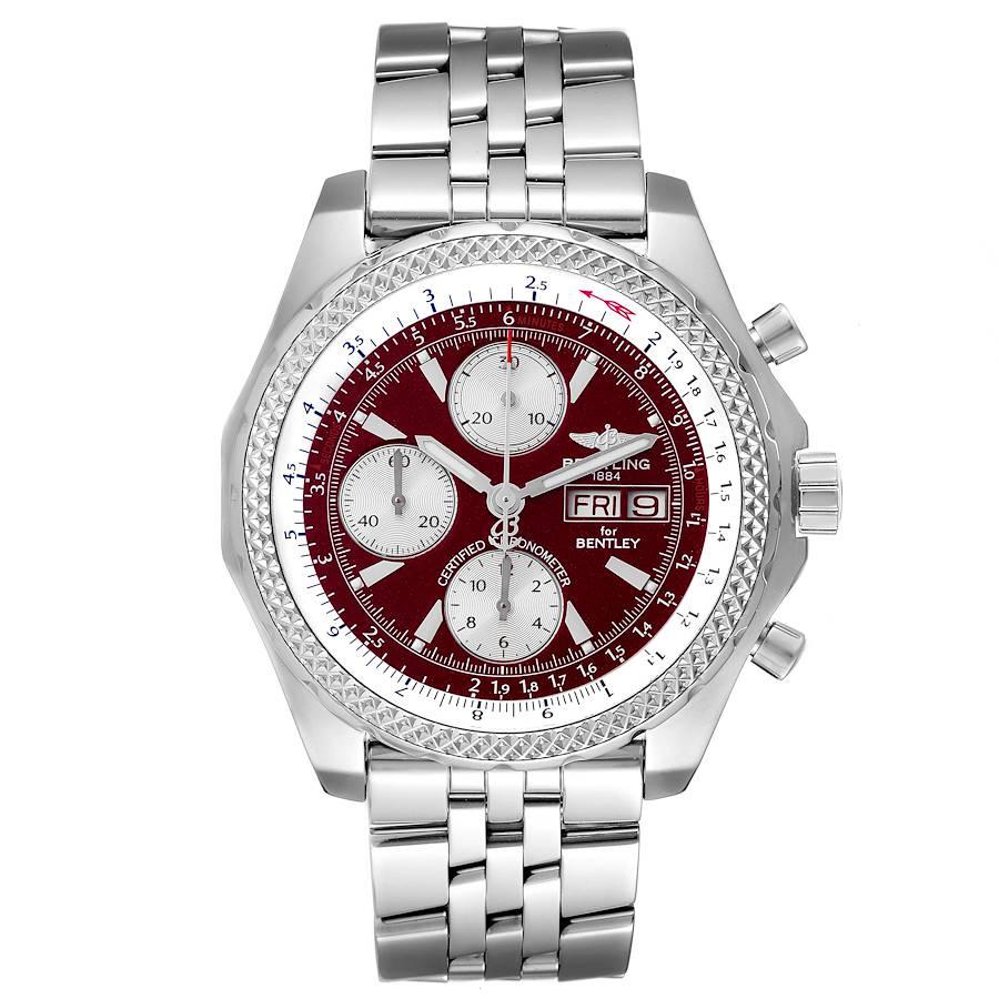 Breitling Bentley Motors GT Burgundy Dial Steel Mens Watch A13362. Self-winding automatic officially certified chronometer movement. Chronograph function. Stainless steel case 44.8 mm in diameter. Stainless steel screwed-down crown and pushers.