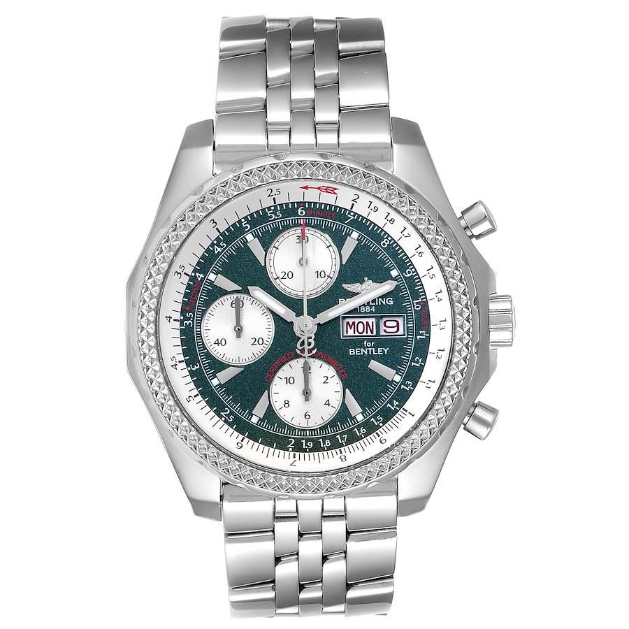 Breitling Bentley Motors GT Green Special Edition Mens Watch A13362. Self-winding automatic officially certified chronometer movement. Chronograph function. Stainless steel case 44.8 mm in diameter. Stainless steel screwed-down crown and pushers.