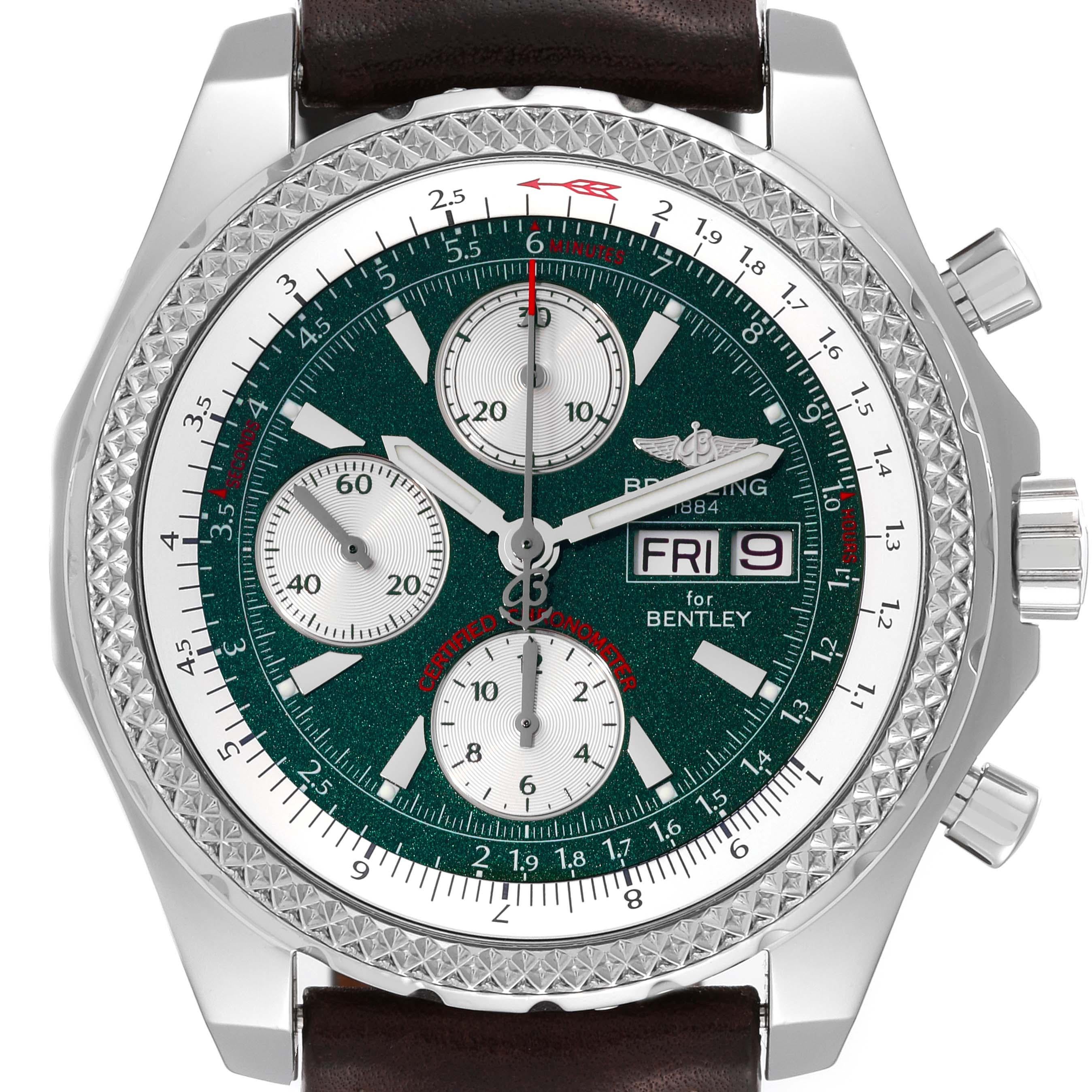 Breitling Bentley Motors GT Green Special Edition Steel Mens Watch A13362. Self-winding automatic officially certified chronometer movement. Chronograph function. Stainless steel case 44.8 mm in diameter. Stainless steel screwed-down crown and