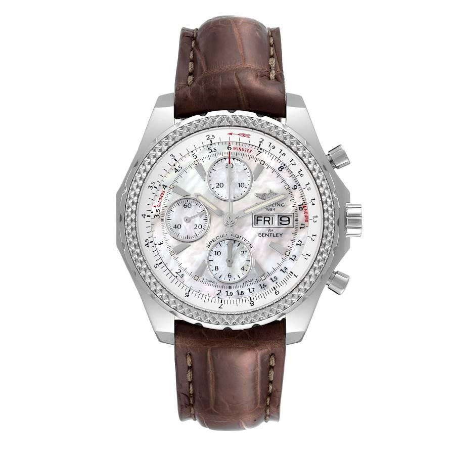 Breitling Bentley Motors GT Mother of Pearl Dial Mens Watch A13362 Box Card. Self-winding automatic officially certified chronometer movement. Chronograph function. Stainless steel case 44.8 mm in diameter. Stainless steel crown and pushers. Screw