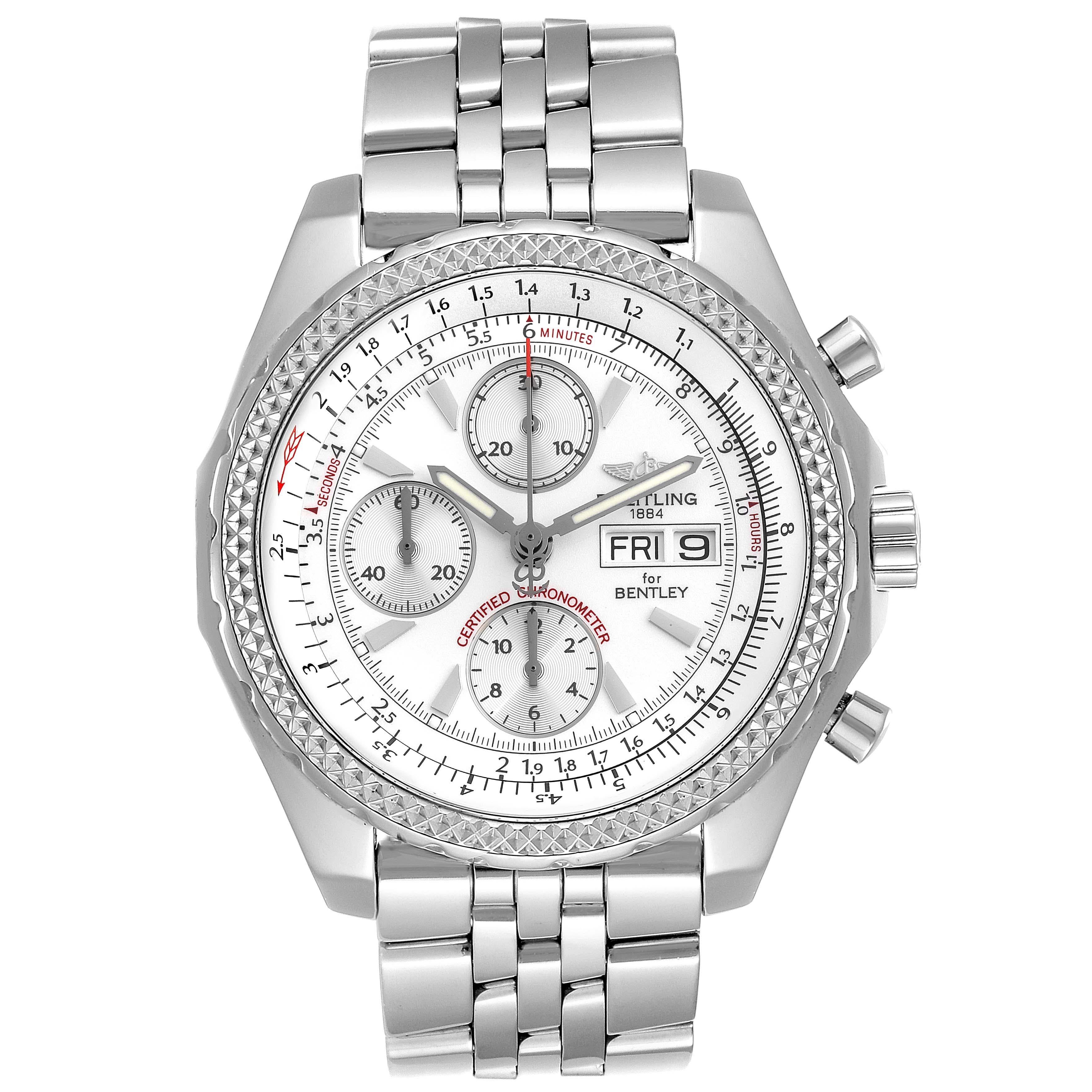 Breitling Bentley Motors GT Silver Dial Chronograph Mens Watch A13362. Self-winding automatic officially certified chronometer movement. Chronograph function. Stainless steel case 44.8 mm in diameter. Stainless steel screwed-down crown and pushers.