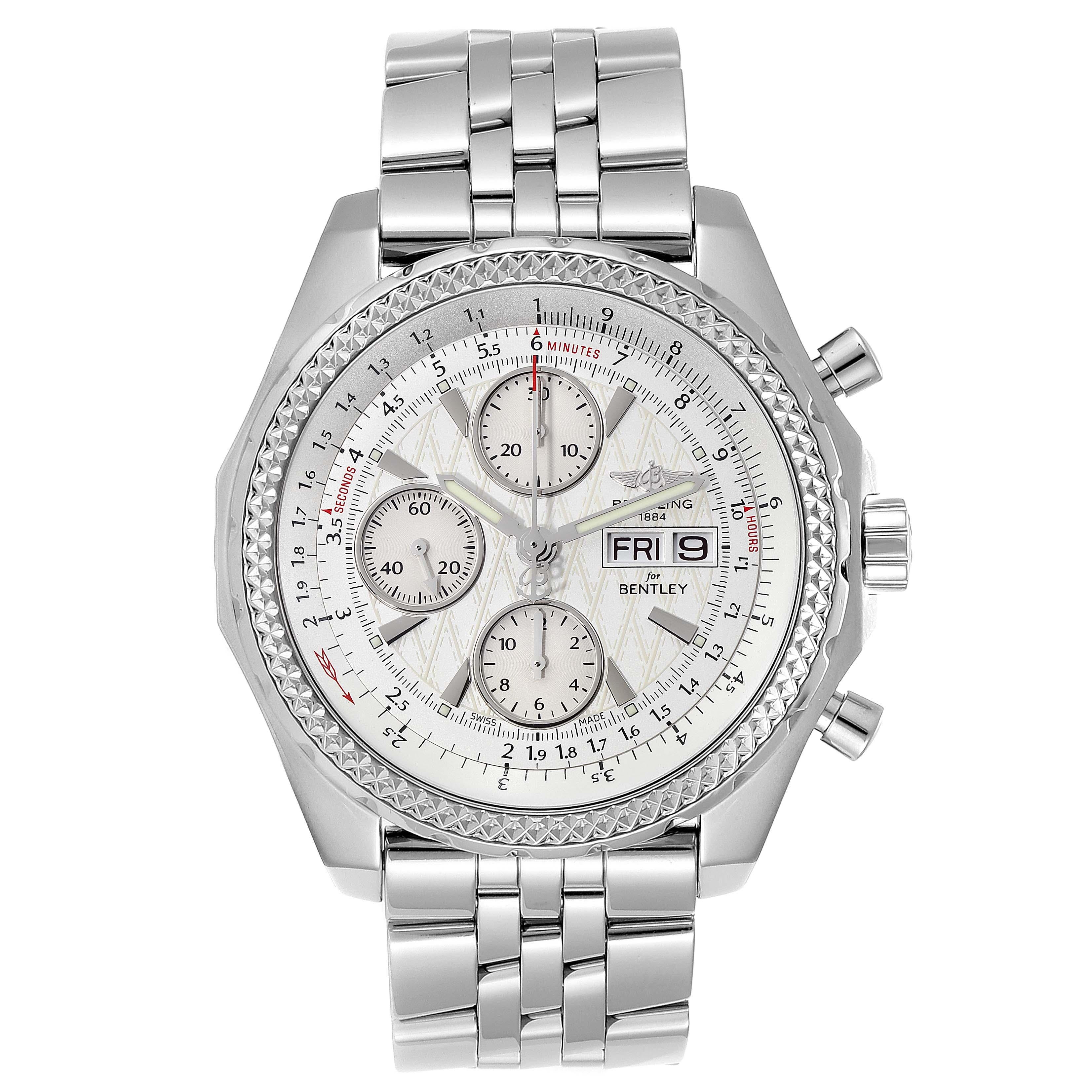 Breitling Bentley Motors GT Special Edition Mens Watch A13362 Box Card. Self-winding automatic officially certified chronometer movement. Chronograph function. Stainless steel case 44.8 mm in diameter. Stainless steel screwed-down crown and pushers.