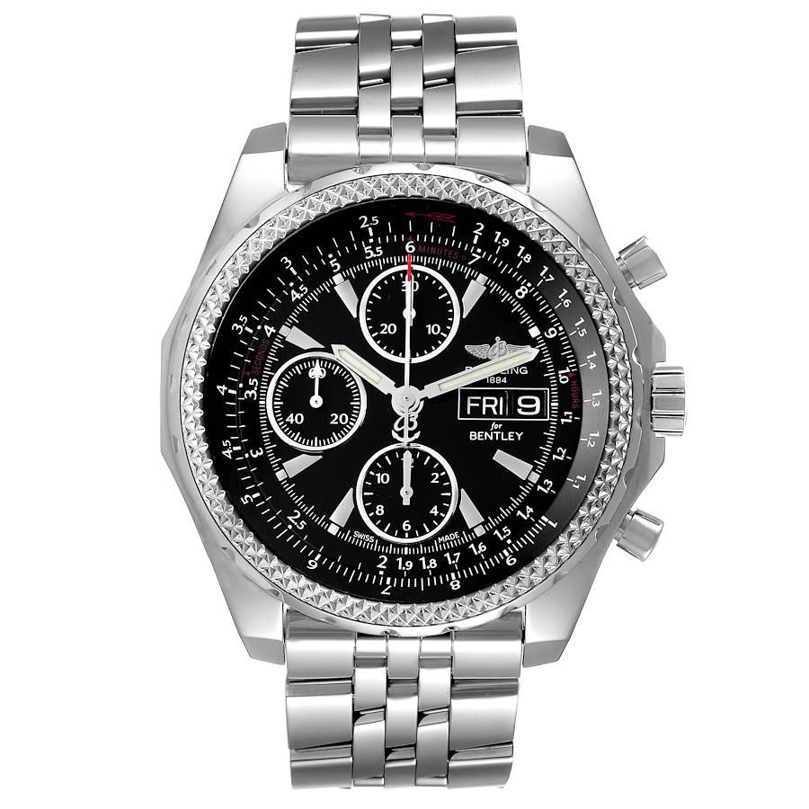 Breitling Bentley Motors GT Special Edition Mens Watch A13362. Self-winding automatic officially certified chronometer movement. Chronograph function. Stainless steel case 44.8 mm in diameter. Stainless steel screwed-down crown and pushers. Screw