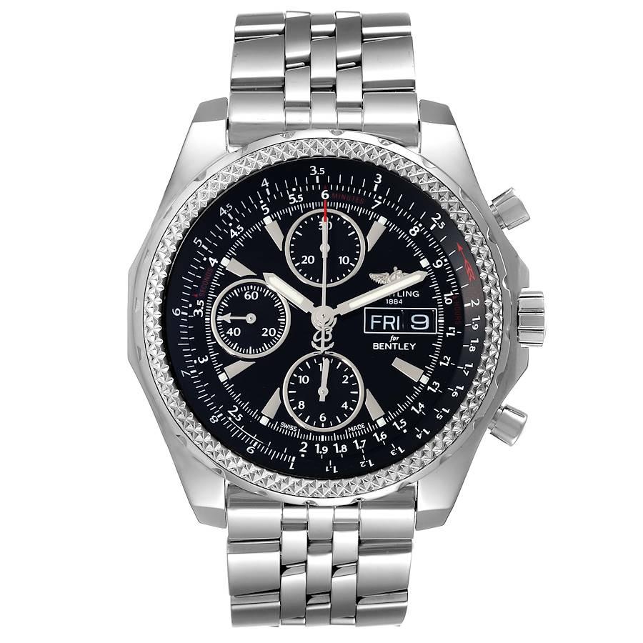 Breitling Bentley Motors GT Special Edition Herrenuhr A13362. Automatisches, offiziell zertifiziertes Chronometerwerk mit Selbstaufzug. Chronographen-Funktion. Gehäuse aus Edelstahl mit einem Durchmesser von 44.8 mm. Verschraubte Krone und Drücker