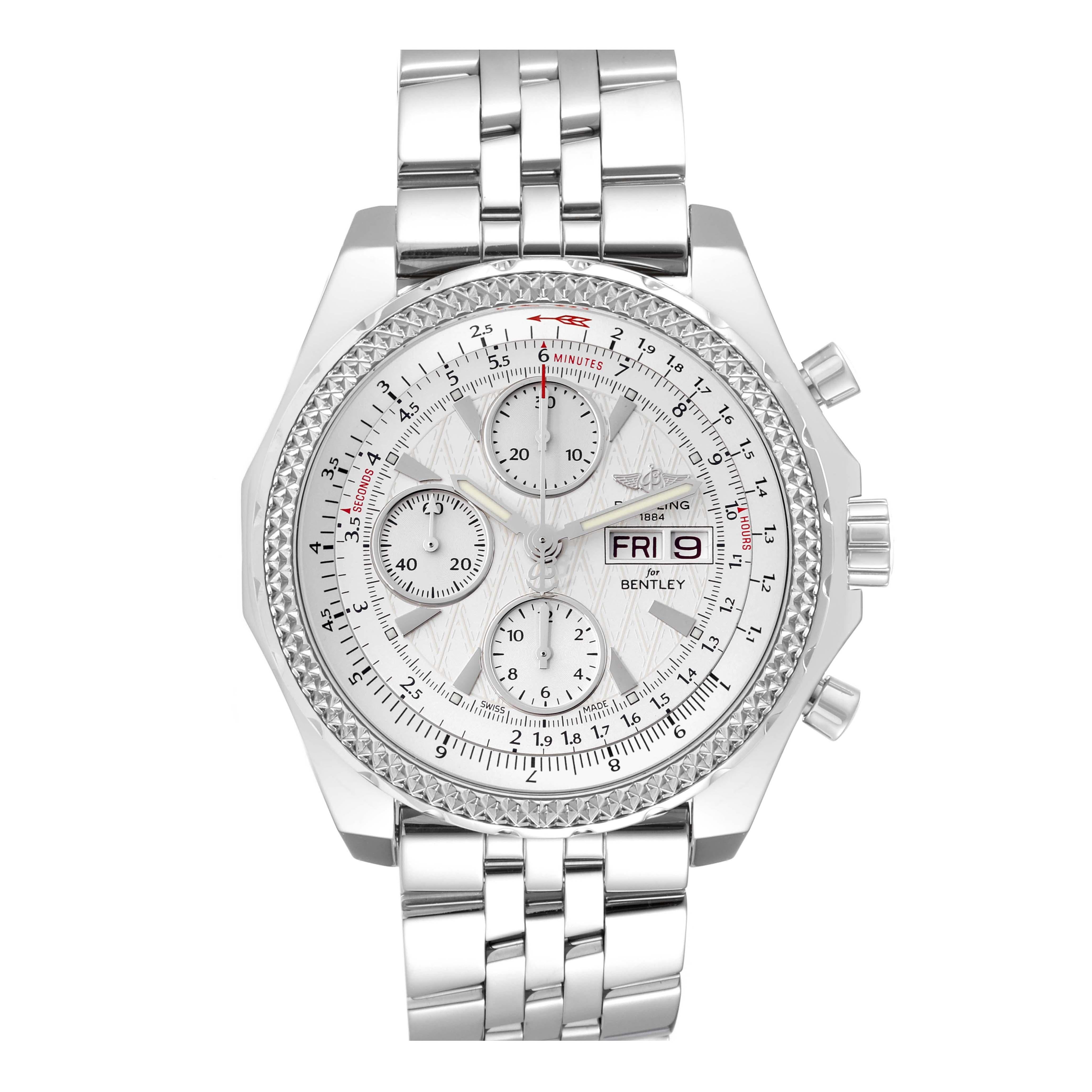 Breitling Bentley Motors GT White Dial Chronograph Steel Mens Watch A13362. Self-winding automatic officially certified chronometer movement. Chronograph function. Stainless steel case 44.8 mm in diameter. Stainless steel pushers and screw-down