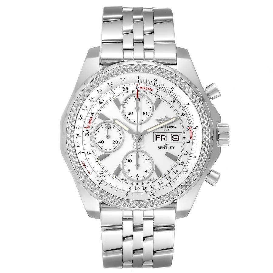Breitling Bentley Motors GT White Dial Chronograph Watch A13362. Self-winding automatic officially certified chronometer movement. Chronograph function. Stainless steel case 44.8 mm in diameter. Stainless steel pushers and screw-down crown.