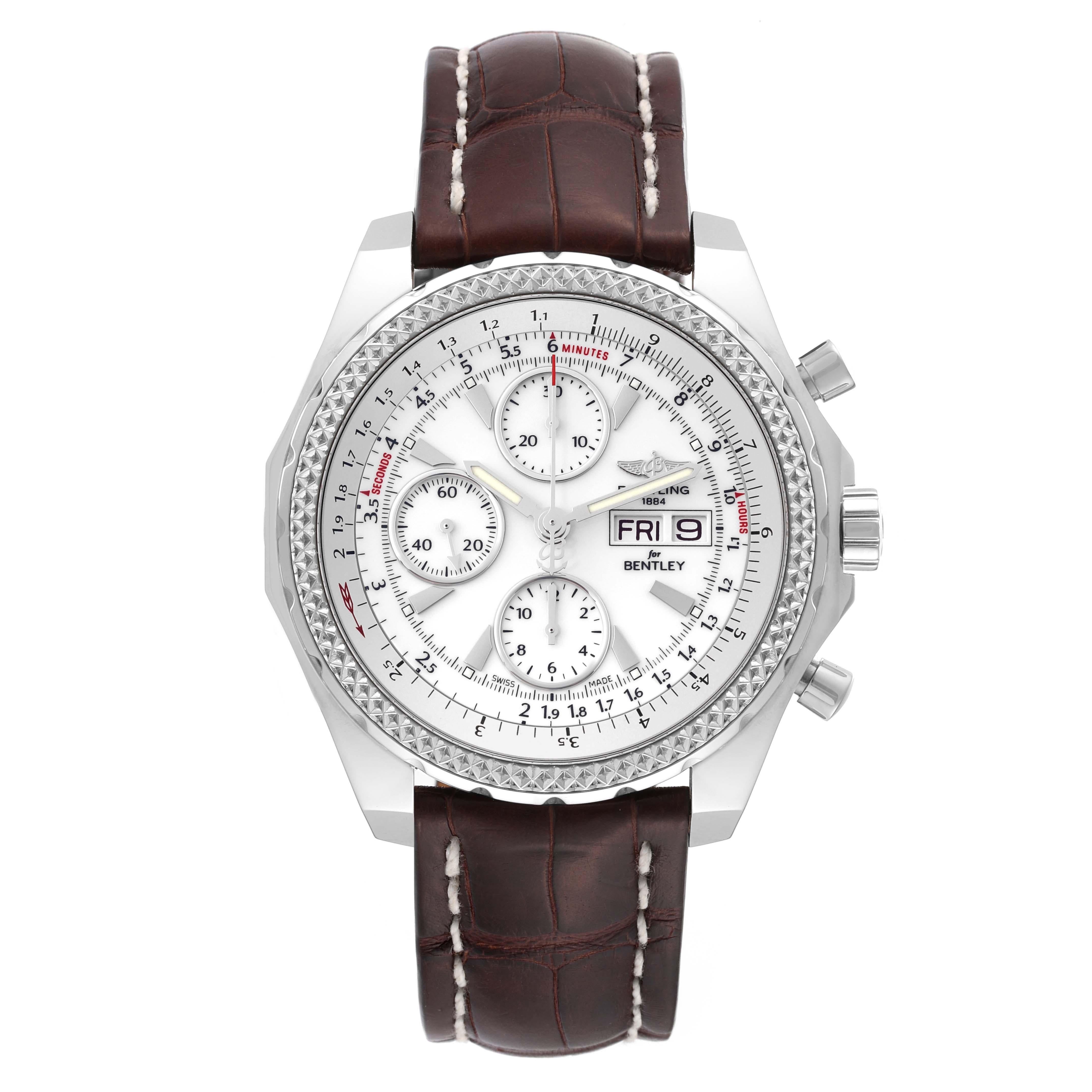 Breitling Bentley Motors GT White Dial Steel Mens Watch A13362 Box Card In Excellent Condition For Sale In Atlanta, GA