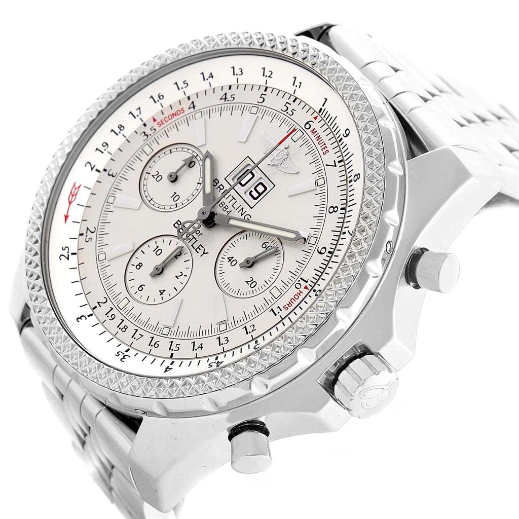 Breitling Bentley Motors Silver Dial Chronograph Mens Watch A44362. Automatic self-winding officially certified chronometer movement. Chronograph function. Stainless steel case 48.7 mm in diameter. Stainless steel screwed-down crown and pushers.