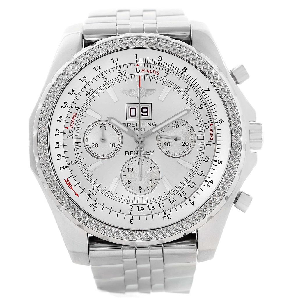 Breitling Bentley Motors Silver Dial Chronograph Mens Watch A44362. Automatic self-winding officially certified chronometer movement. Chronograph function. Stainless steel case 48.7 mm in diameter. Stainless steel screwed-down crown and pushers.