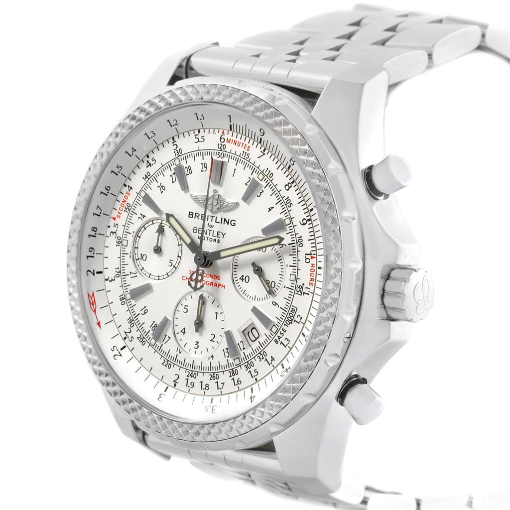 Breitling Bentley Motors Silver Dial Chronograph Watch A25362 Box. Automatic self-winding officially certified chronometer movement. Chronograph function. Stainless steel case 49 mm in diameter. Stainless steel screwed-down crown and pushers. Screw