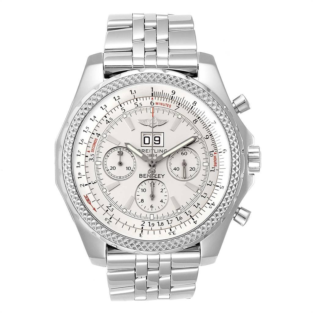 Breitling Bentley Motors Silver Dial Chronograph Watch A44362 Box Papers. Automatic self-winding officially certified chronometer movement. Chronograph function. Stainless steel case 48.7 mm in diameter. Stainless steel screwed-down crown and