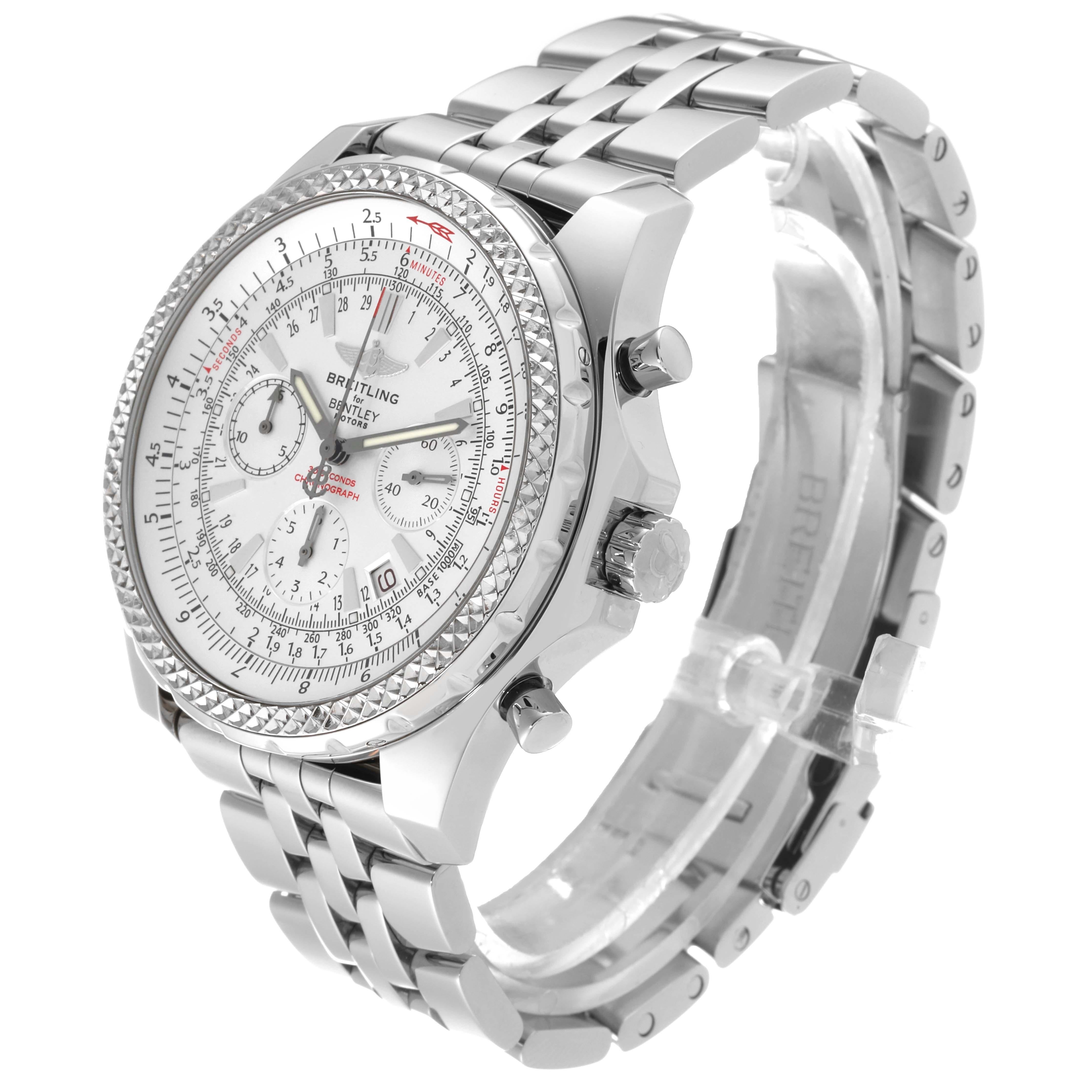 Breitling Bentley Motors Silver Dial Steel Chronograph Mens Watch A25362. Automatic self-winding officially certified chronometer movement. Chronograph function. Stainless steel case 49 mm in diameter. Stainless steel screwed-down crown and pushers.