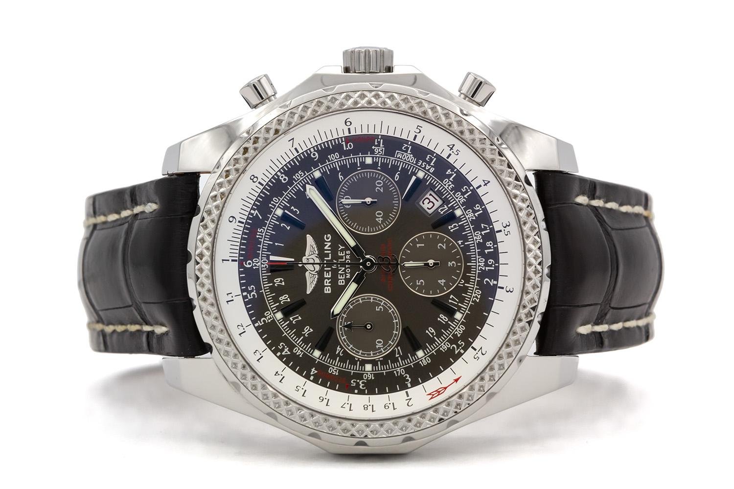 We are pleased to offer this Breitling Bentley Motors Special Edition Stainless Steel Chronograph A25362. This watch features a 48mm stainless steel case, dark gray chronograph dial with white inner bezel and dark gray sub dials, Breitling factory