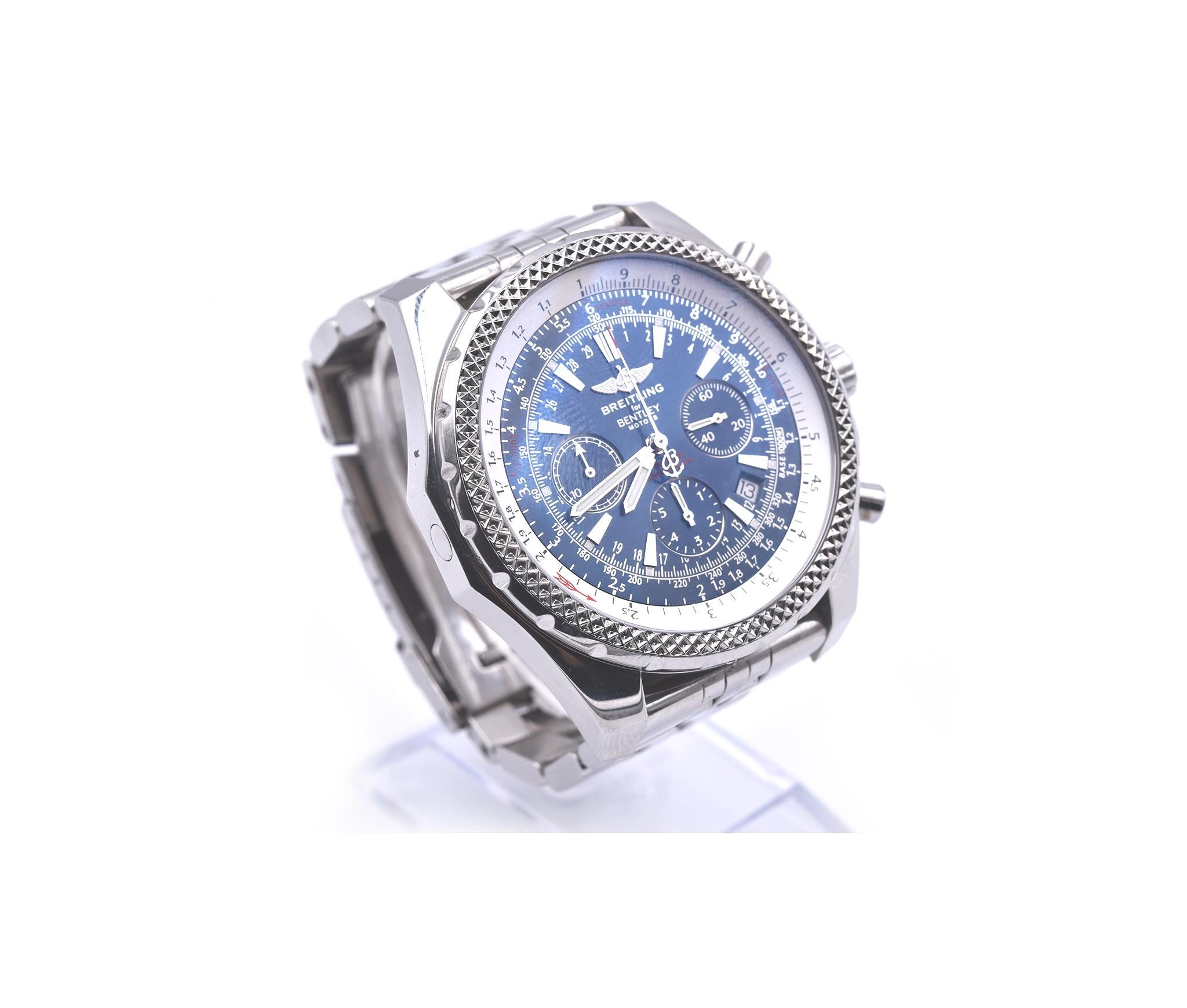 Movement: automatic
Function: hours, minutes, sub seconds, date, chronograph, GMT
Case: 48mm steel case, sapphire crystal
Band: stainless steel bracelet with deployment buckle
Dial: blue dial, silver luminous hands and hour markers 
Serial #: