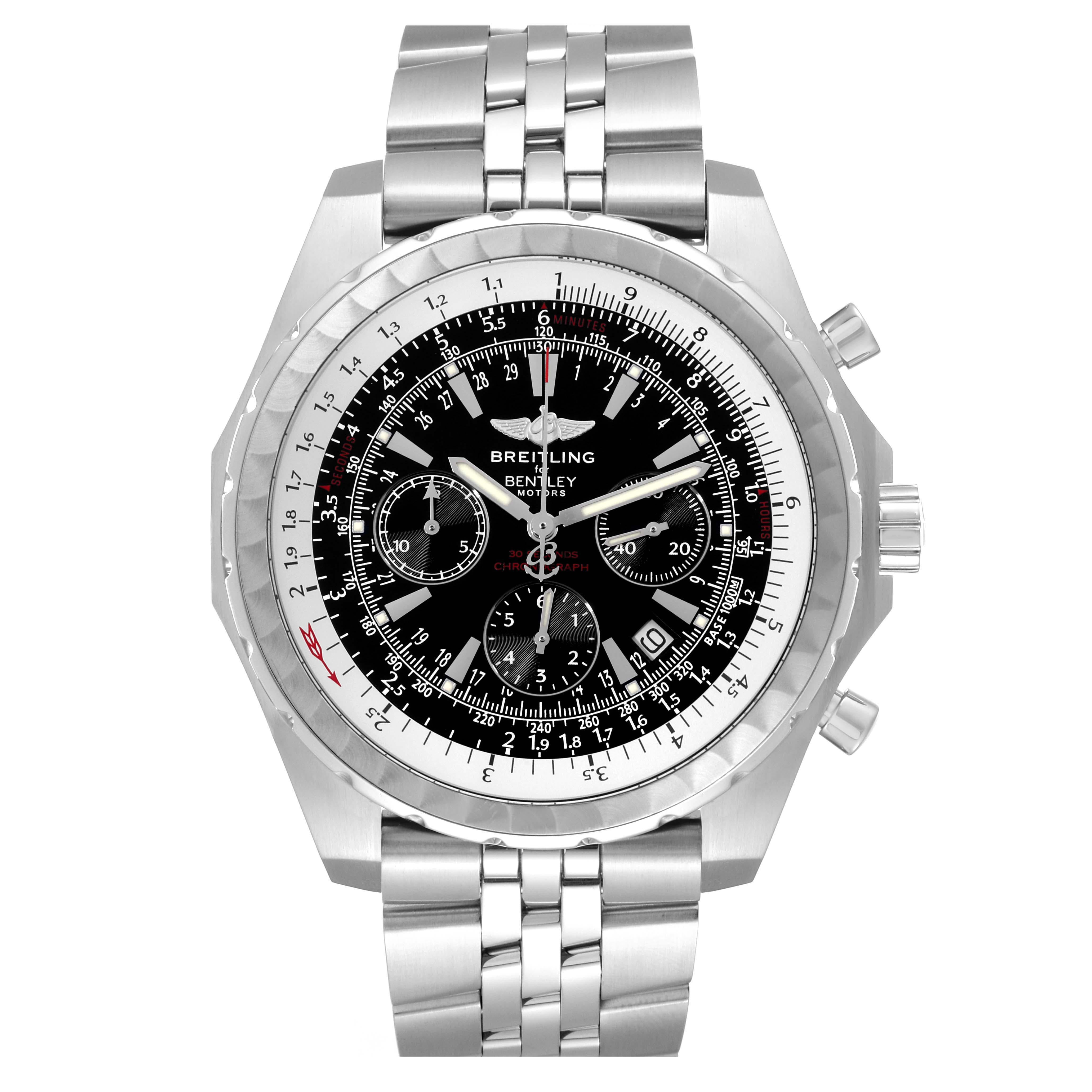 Breitling Bentley Motors T Black Dial Chronograph Mens Watch A25363. Self-winding automatic officially certified chronometer movement. Chronograph function. Stainless steel case 48.7 mm in diameter. Stainless steel screwed-down crown and pushers.