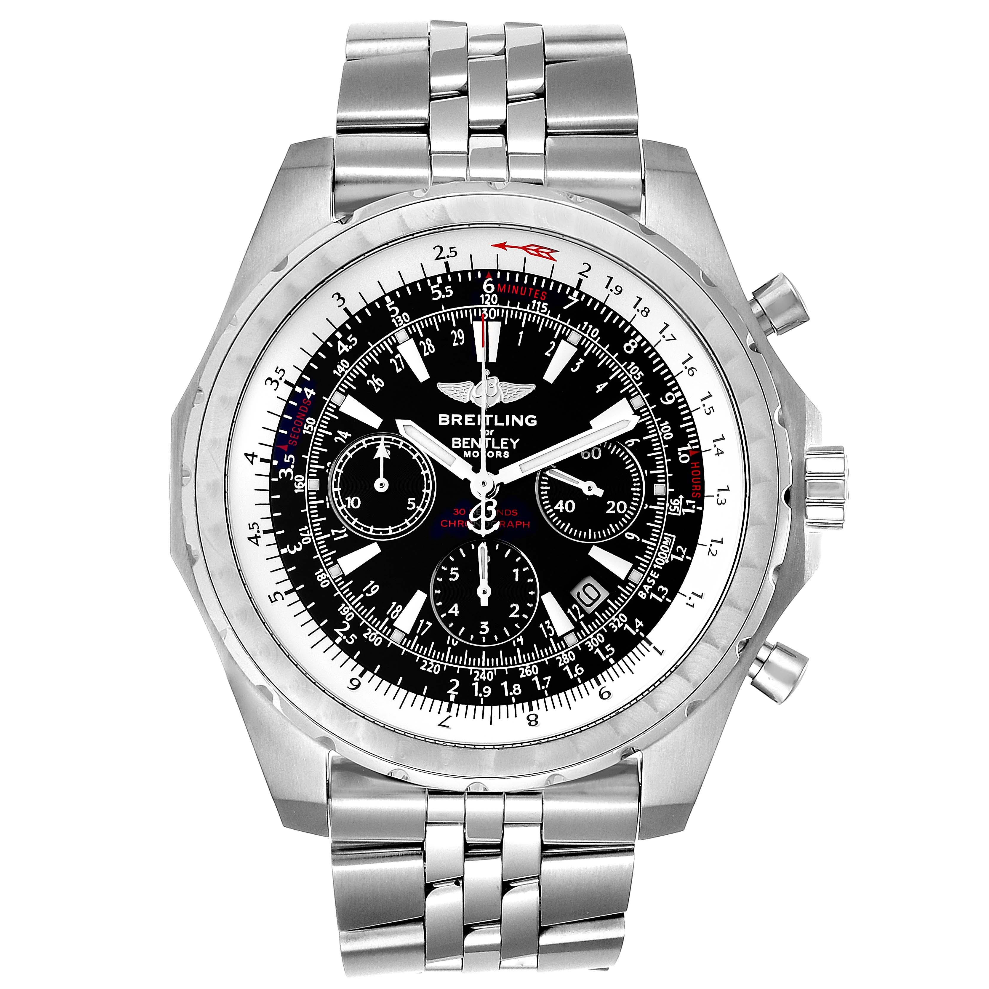 Breitling Bentley Motors T Black Dial Chronograph Watch A25363 Box. Self-winding automatic officially certified chronometer movement. Chronograph function. Stainless steel case 48.7 mm in diameter. Stainless steel screwed-down crown and pushers.