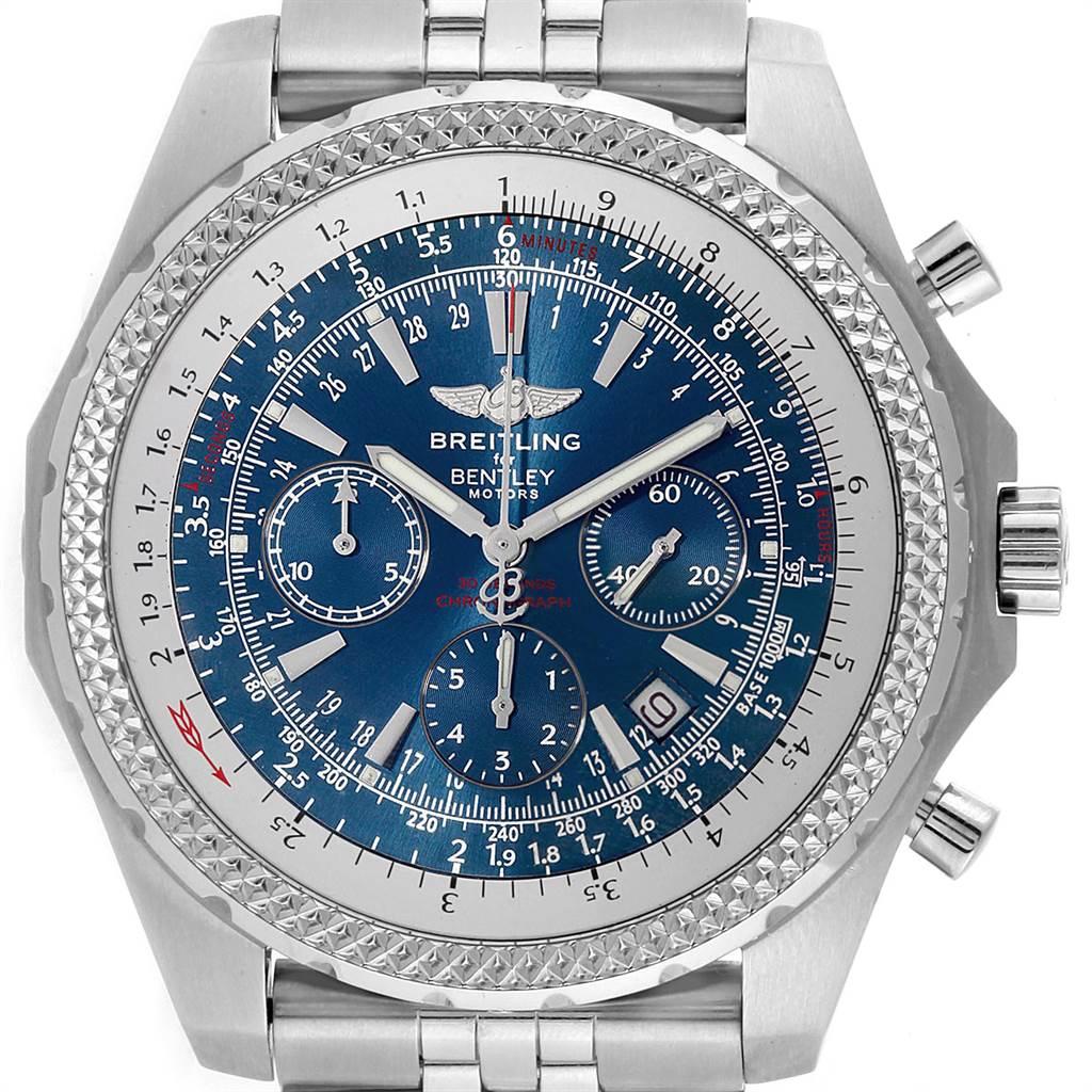 Breitling Bentley Motors T Blue Dial Chronograph Watch A25363 Box. Self-winding automatic officially certified chronometer movement. Chronograph function. Stainless steel case 48.7 mm in diameter. Stainless steel screwed-down crown and pushers.