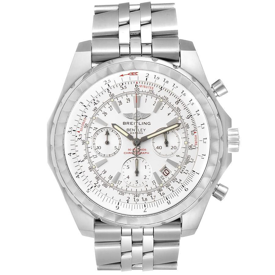 Breitling Bentley Motors T White Dial Chronograph Mens Watch A25363 Box. Self-winding automatic officially certified chronometer movement. Chronograph function. Stainless steel case 48.7 mm in diameter. Stainless steel screwed-down crown and
