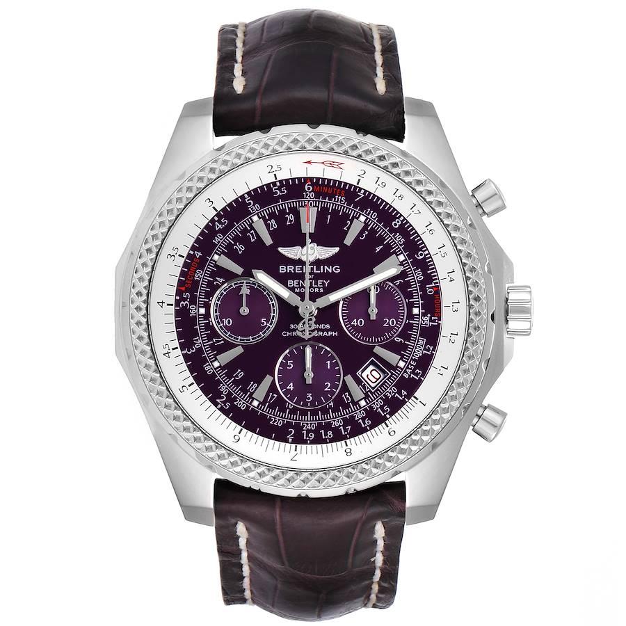 Breitling Bentley Purple Dial Chronograph Steel Mens Watch A25362. Automatic self-winding officially certified chronometer movement. Chronograph function. Stainless steel case 49 mm in diameter. Stainless steel screwed-down crown and pushers. Screw