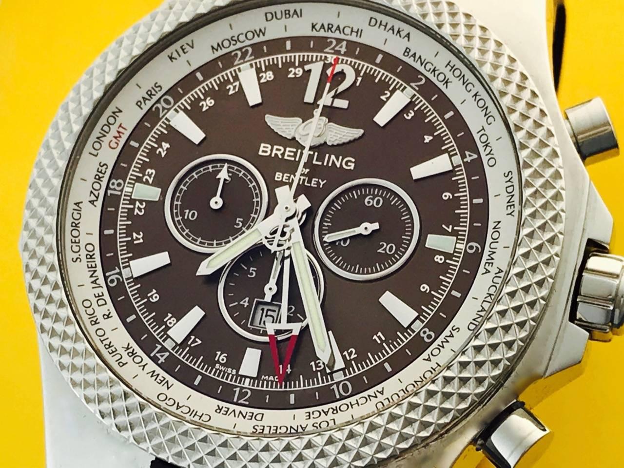 Mens Breitling Bentley GMT Model A4736212/Q554 Automatic Winding Movement.  Special Edition Motors Chronograph with GMT/Dual Time Zone independent setting hand indicated by the large red arrow head. Arrow hand points to a corresponding World Time