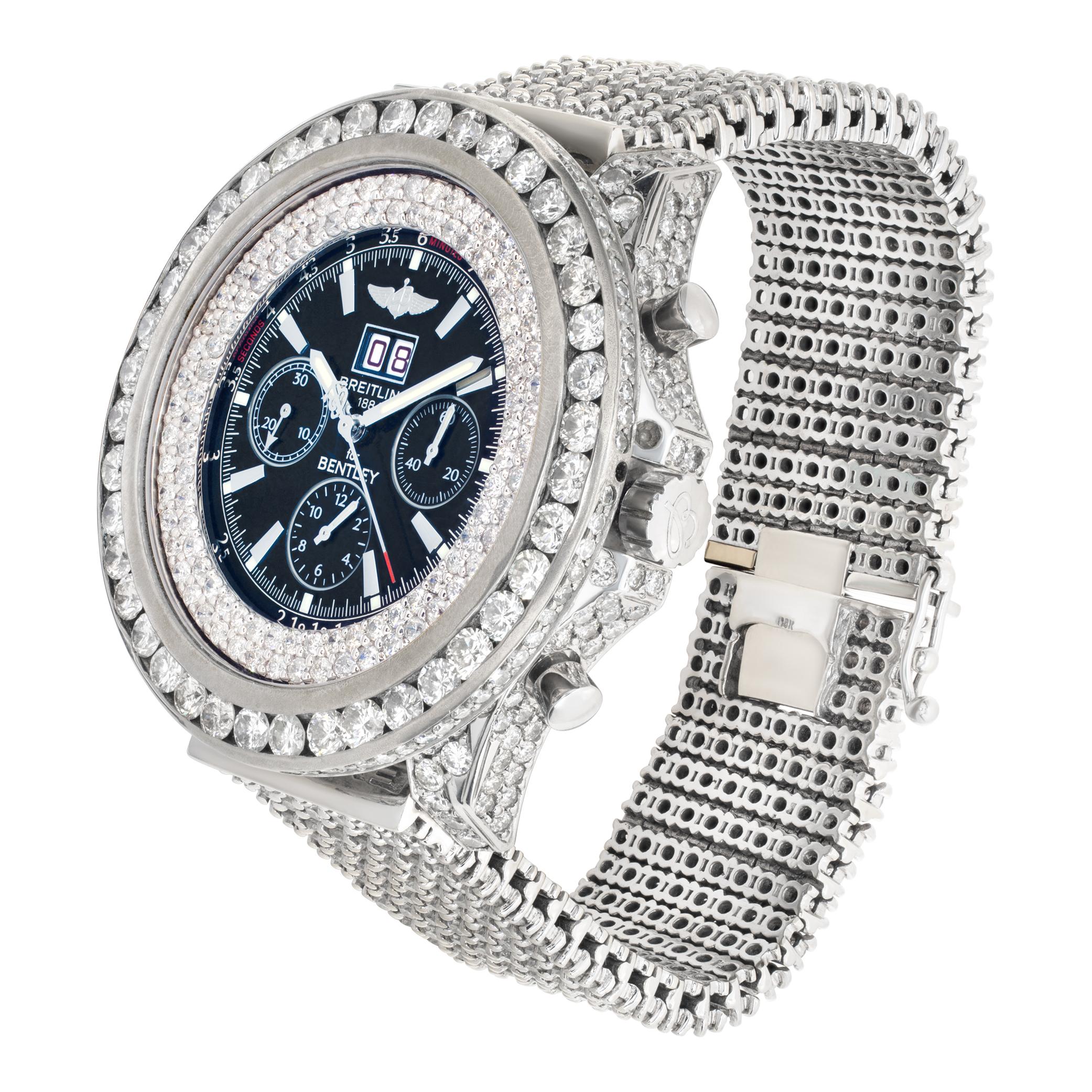 Breitling Bentley in stainless steel with custom diamond dial, case and bezel with a custom 14k white gold full diamond bracelet. Auto w/ subseconds, date and chronograph. 52 mm case size. Will fit up to an 8 inch wrist. Over 26 carats in diamonds!