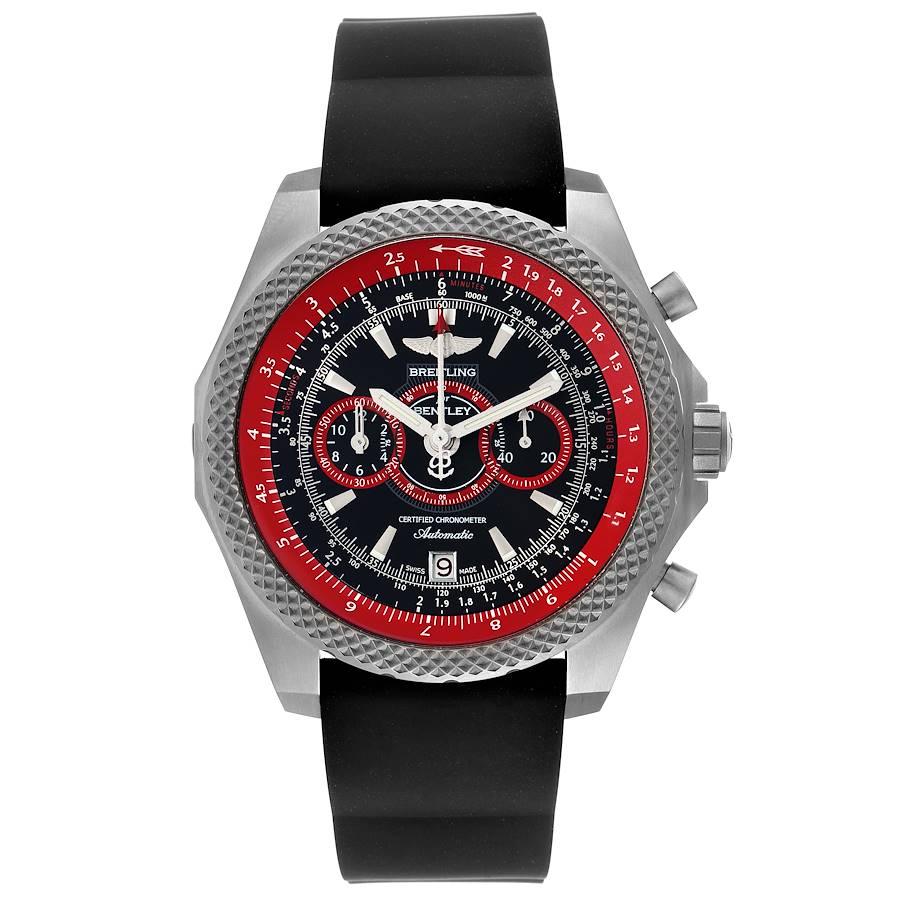 Breitling Bentley Super Sports Black Red Limited Edition Mens Watch E27365. Automatic self-winding officially certified chronometer movement. Chronograph function. Titanium case 49.0 mm in diameter. Titanium screwed-down crown . Titanium