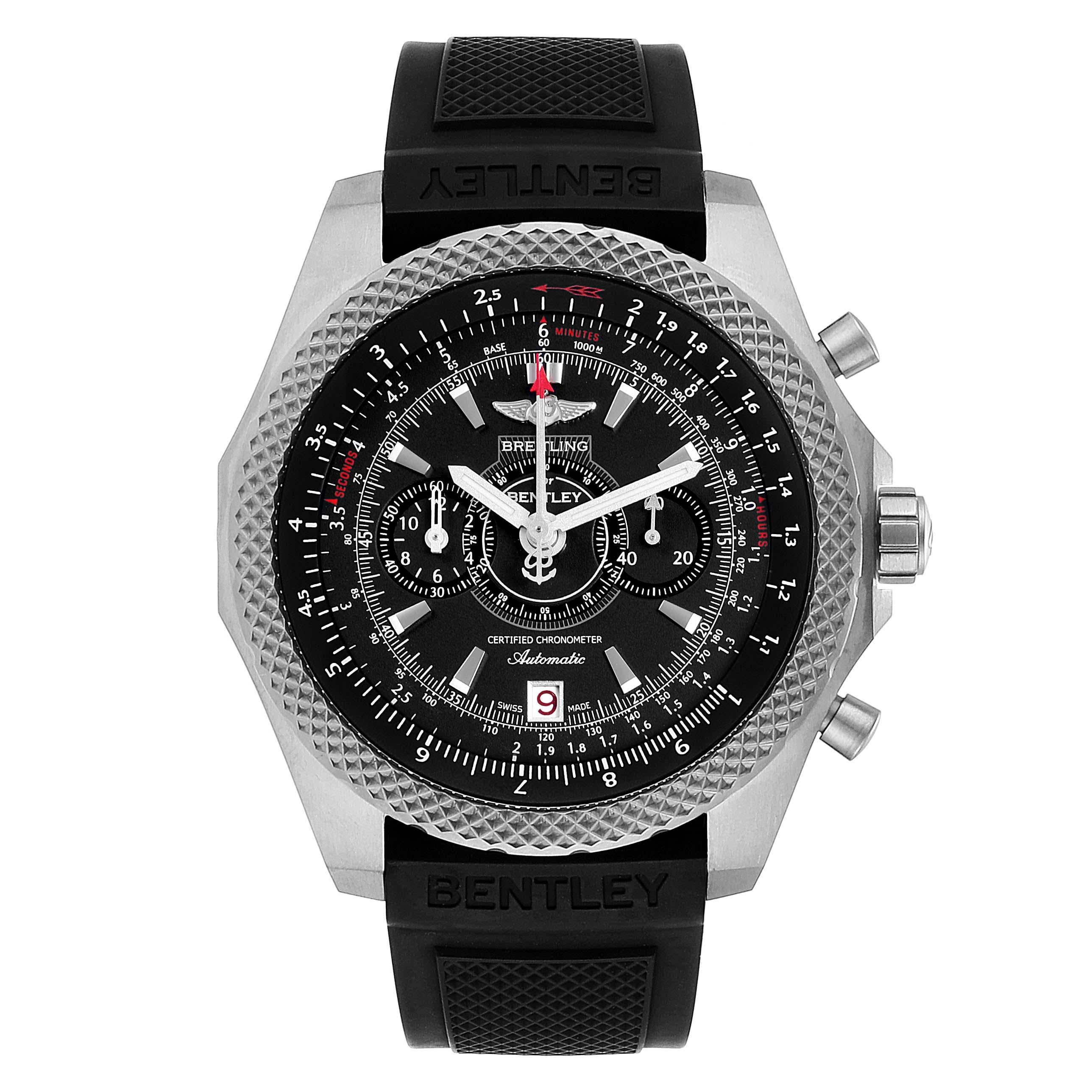 Breitling Bentley Super Sports Rubber Strap Mens Watch E27365 Box. Automatic self-winding officially certified chronometer movement. Chronograph function. Titanium case 49.0 mm in diameter. Titanium screwed-down crown and pushers. Titanium