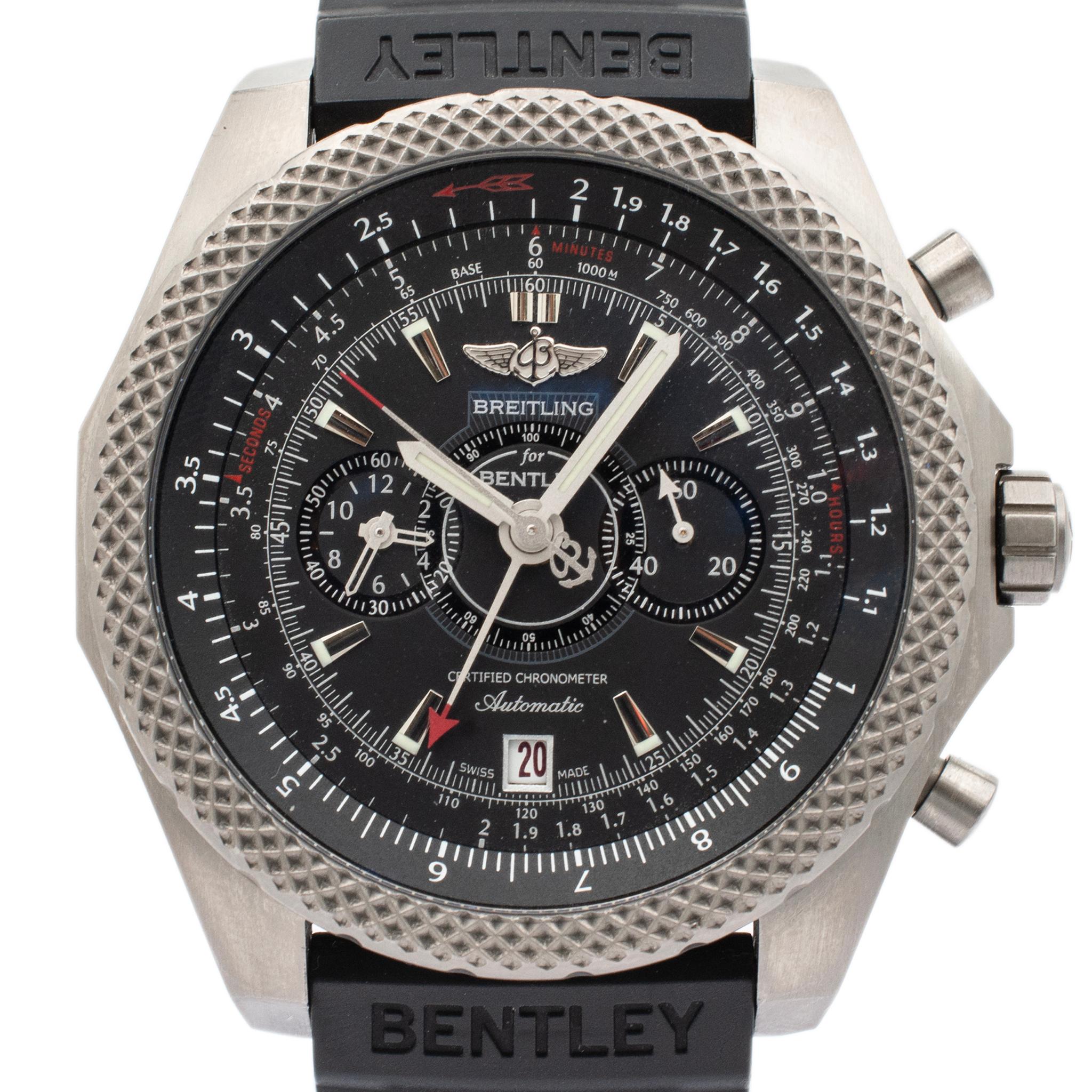 Brand:  Breitling

Band: Adjustable

Strap Length: 6.75 inches

Strap Width: 24.0mm

Weight: 143.67 grams

Gent's titanium B  REITLING Swiss made watch with original box and papers.  The 