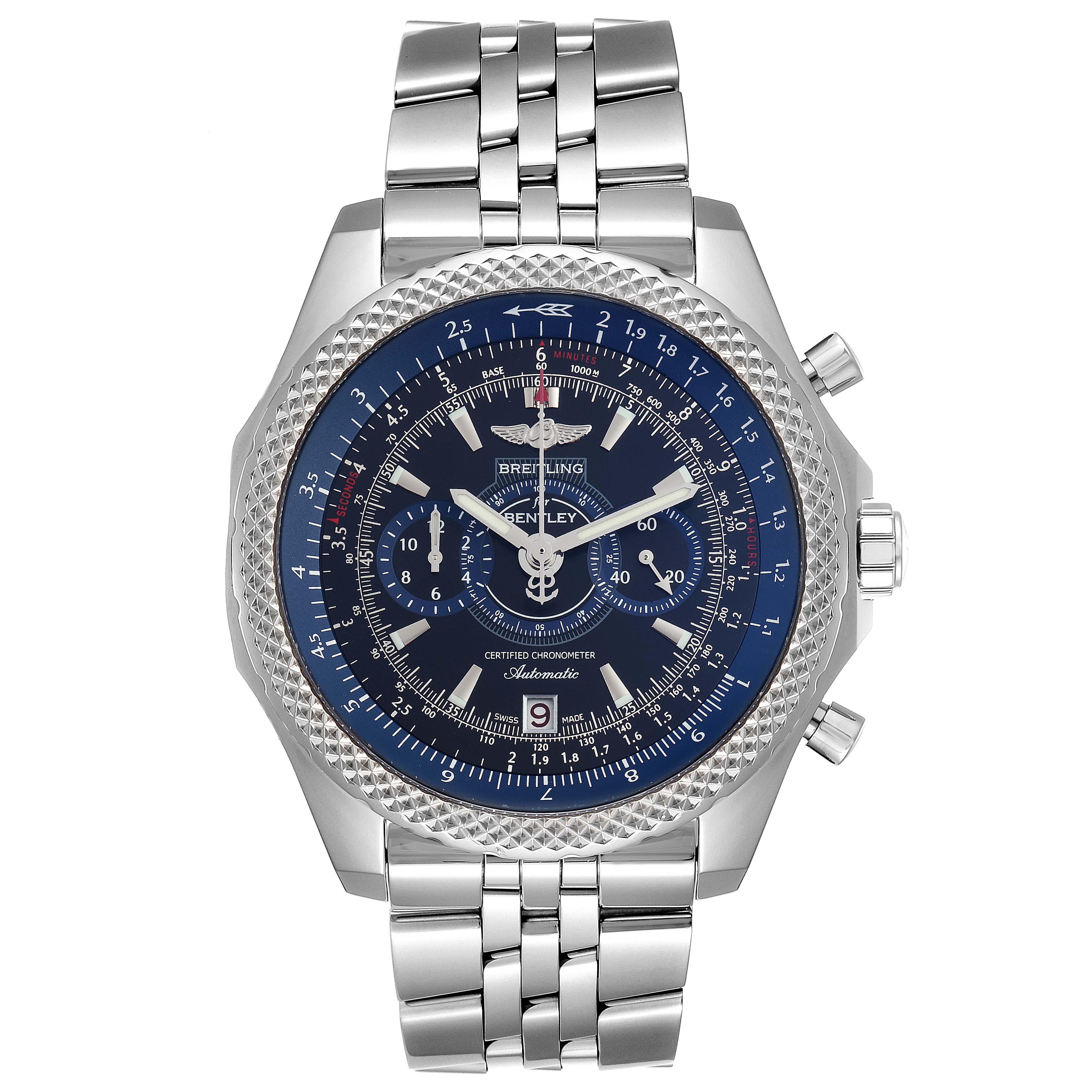 Breitling Bentley Supersports Limited Edition Watch A26364 Box Papers. Self-winding automatic officially certified chronometer movement. Chronograph function. Stainless steel case 48.7 mm in diameter. Stainless steel screwed-down crown and pushers.
