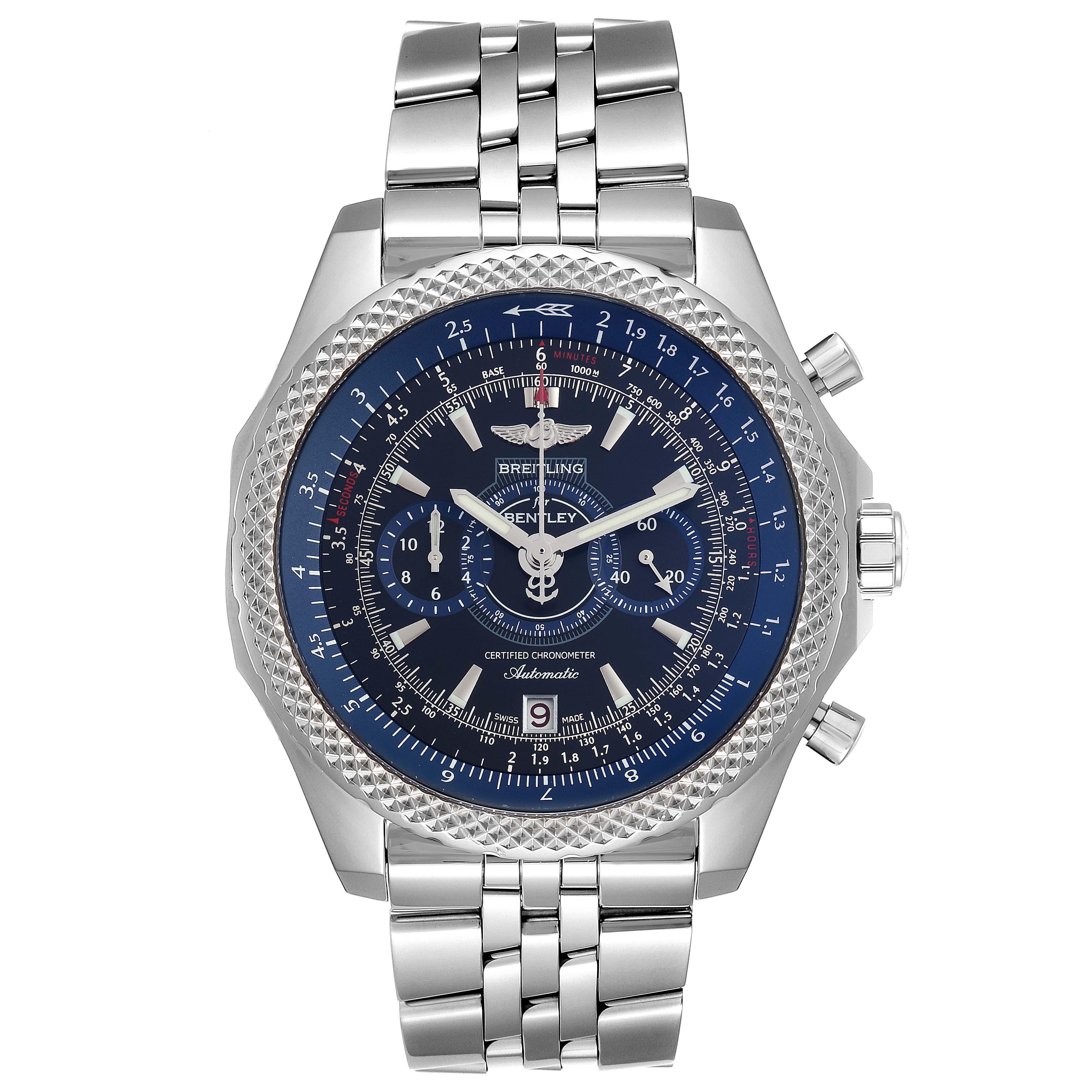 Breitling Bentley Supersports Limited Edition Uhr A26364 Box Papiere. Automatisches, offiziell zertifiziertes Chronometerwerk mit Selbstaufzug. Chronographen-Funktion. Gehäuse aus Edelstahl mit einem Durchmesser von 48,7 mm. Verschraubte Krone und