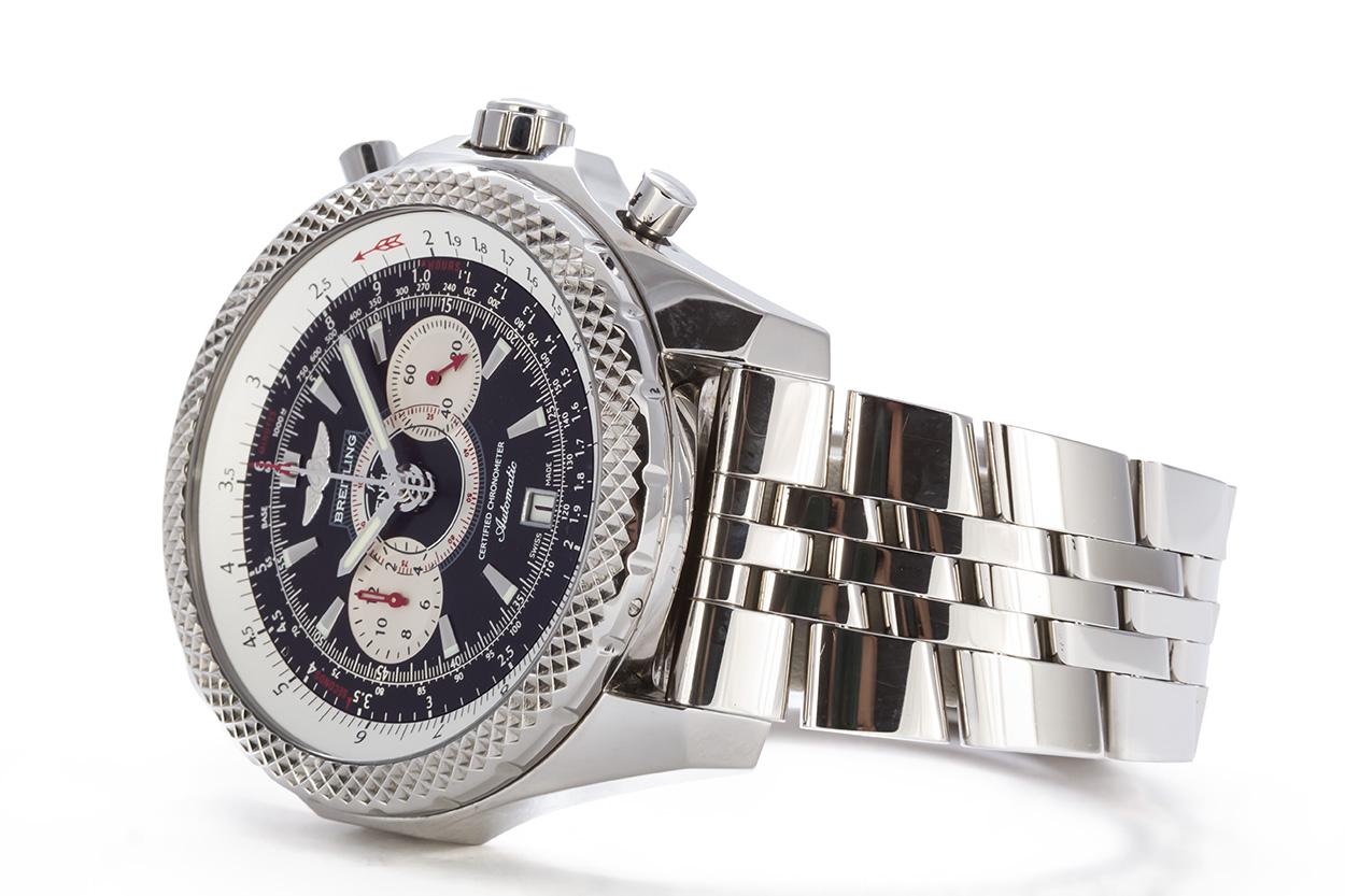 We are pleased to offer this Breitling Bentley Supersports Stainless Steel A26364. This watch features a 48.7mm stainless steel case, black chronograph dial with white inner bezel and sub dials, stainless steel Breitling pilots bracelet, and