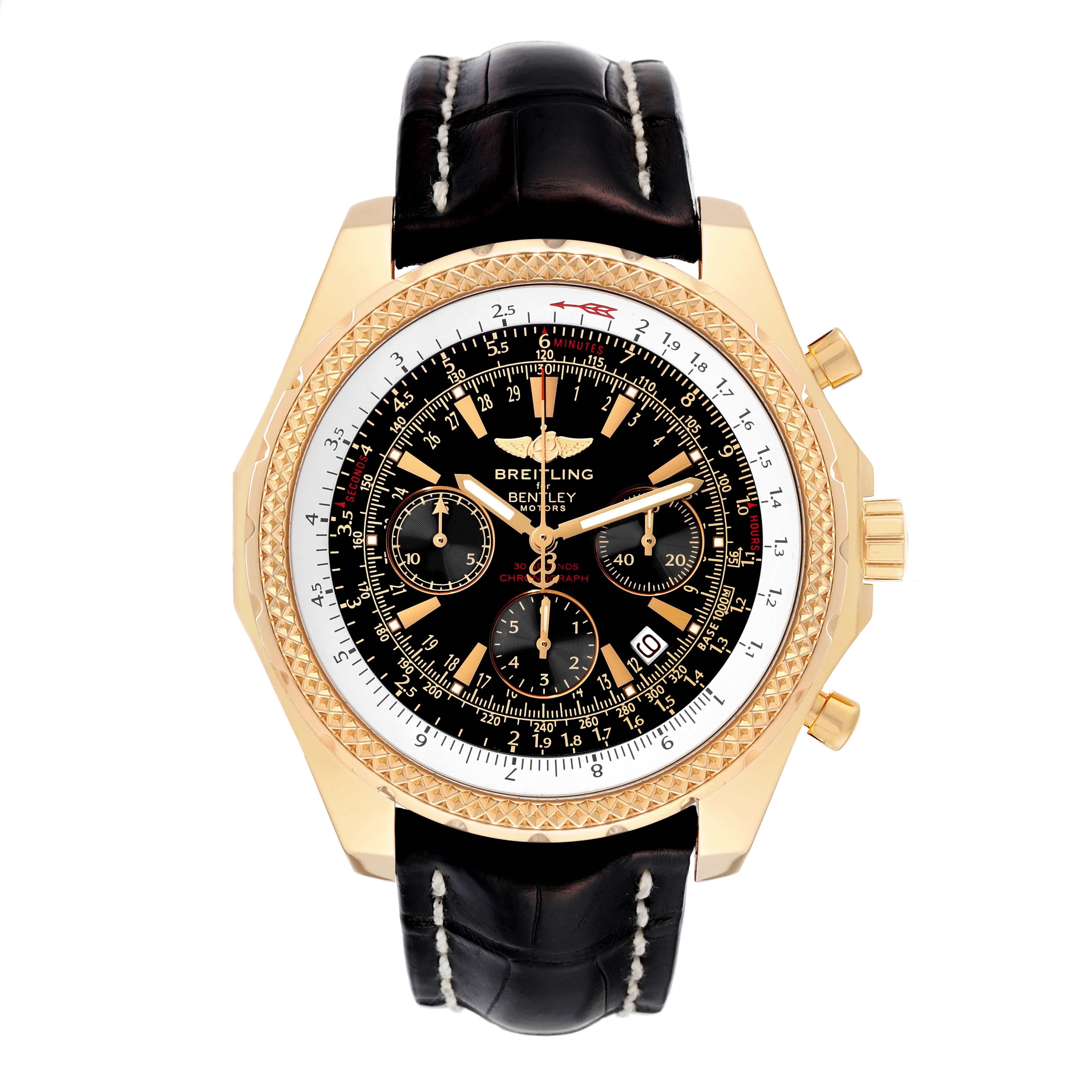 Breitling Bentley Yellow Gold Black Dial Chronograph Mens Watch K25362. Self-winding automatic officially certified chronometer movement. Chronograph function. 18K yellow gold case 49.0 mm in diameter. 18K yellow gold screwed-down crown and pushers.