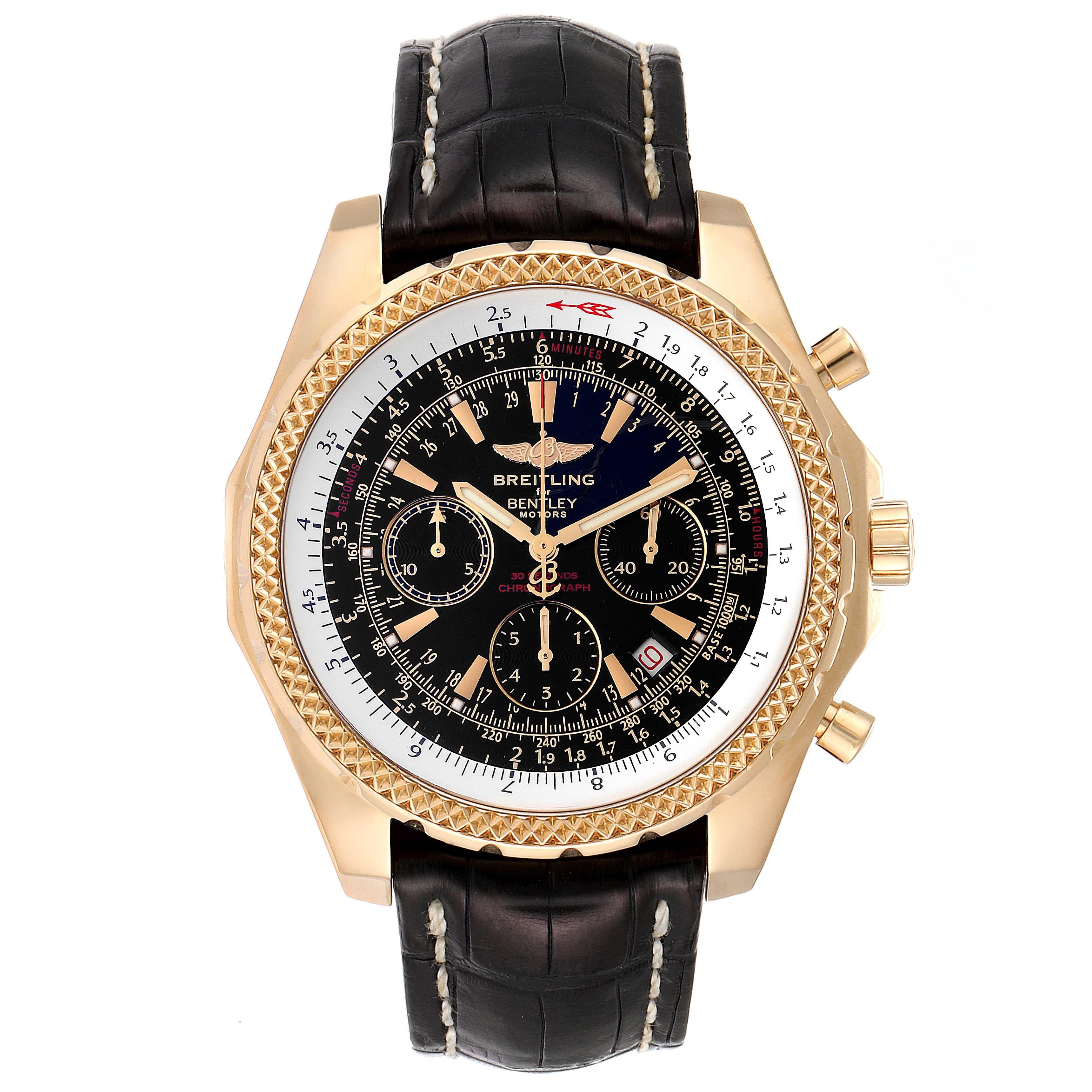 Breitling Bentley Yellow Gold Black Dial Chronograph Watch K25362. Self-winding automatic officially certified chronometer movement. Chronograph function. 18K yellow gold case 49.0 mm in diameter. Stainless steel screwed-down crown and pushers.