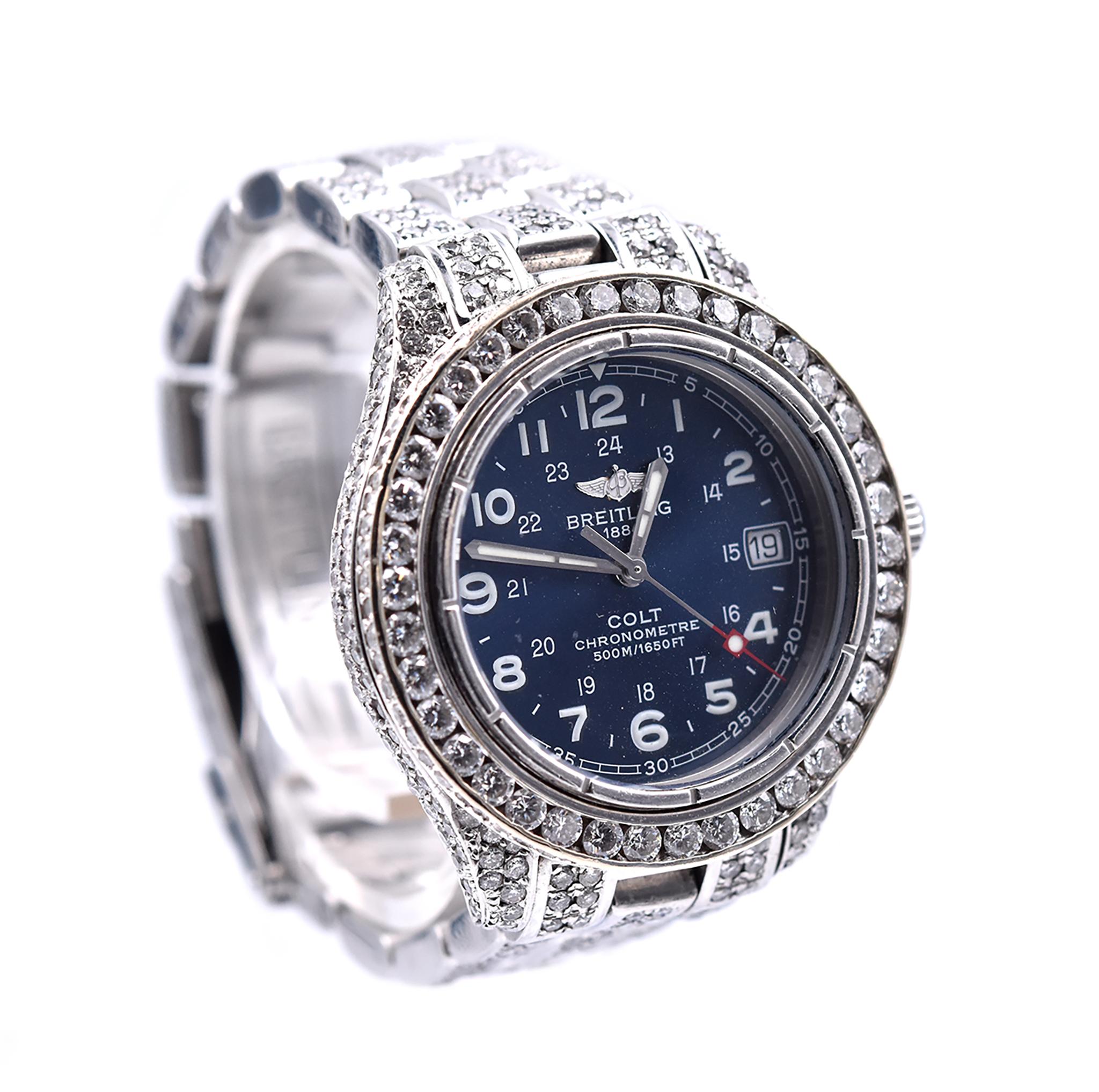 Brand: Breitling
Movement: quartz
Function: hours, minutes, seconds, date, chronometer, 70 hour power reserve
Case: round 28mm stainless steel case, scratch resistant sapphire crystal, water resistant to 500m, stainless steel push/pull crown, steel