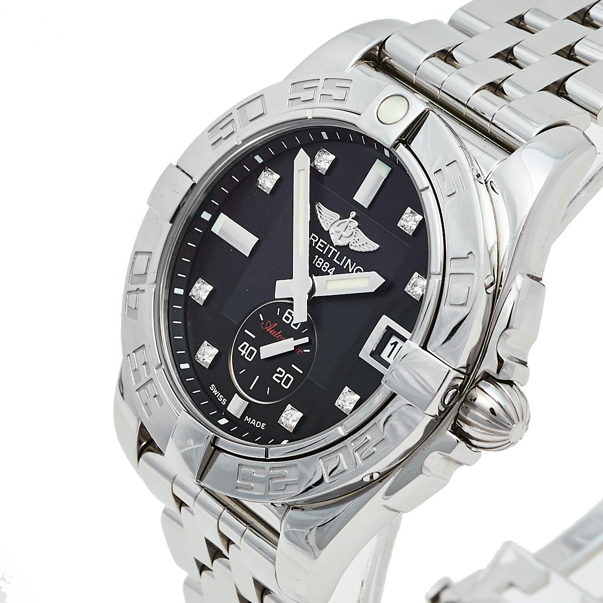 The classy elegance of this watch from the house of Breitling is showcased in its construction. Part of the Galactic collection, the watch is beautifully crafted from stainless steel. It features a black-colored dial with diamond hour markers, a