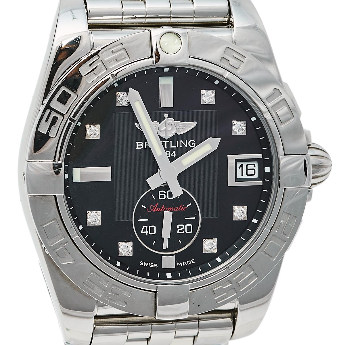 Contemporary Breitling Black Stainless Steel Diamonds Galactic A37330 Men's Wristwatch 36 mm