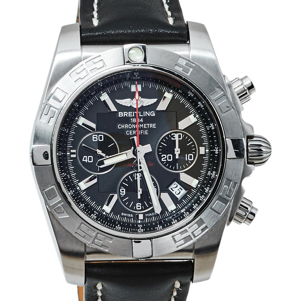 Breitling Black Stainless Steel & Leather Chronomat AB0110 Men's Wristwatch 44MM In Good Condition In Dubai, Al Qouz 2